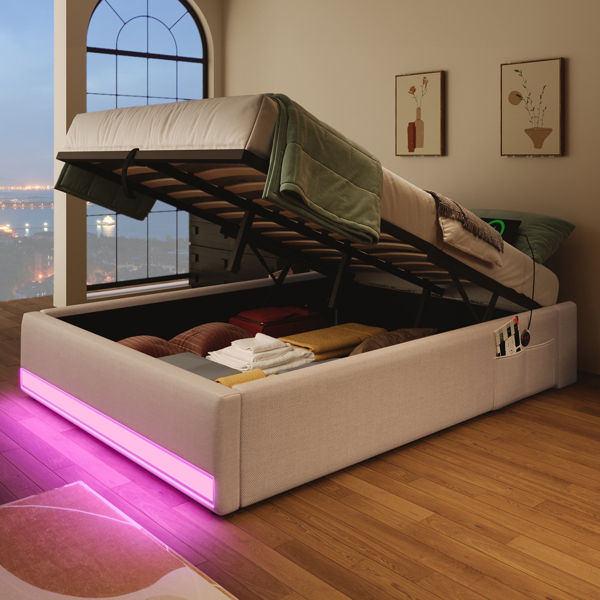 Upholstered Bed 90x200cm Hydraulic Storage LED USB/Type-C Pockets - Beige