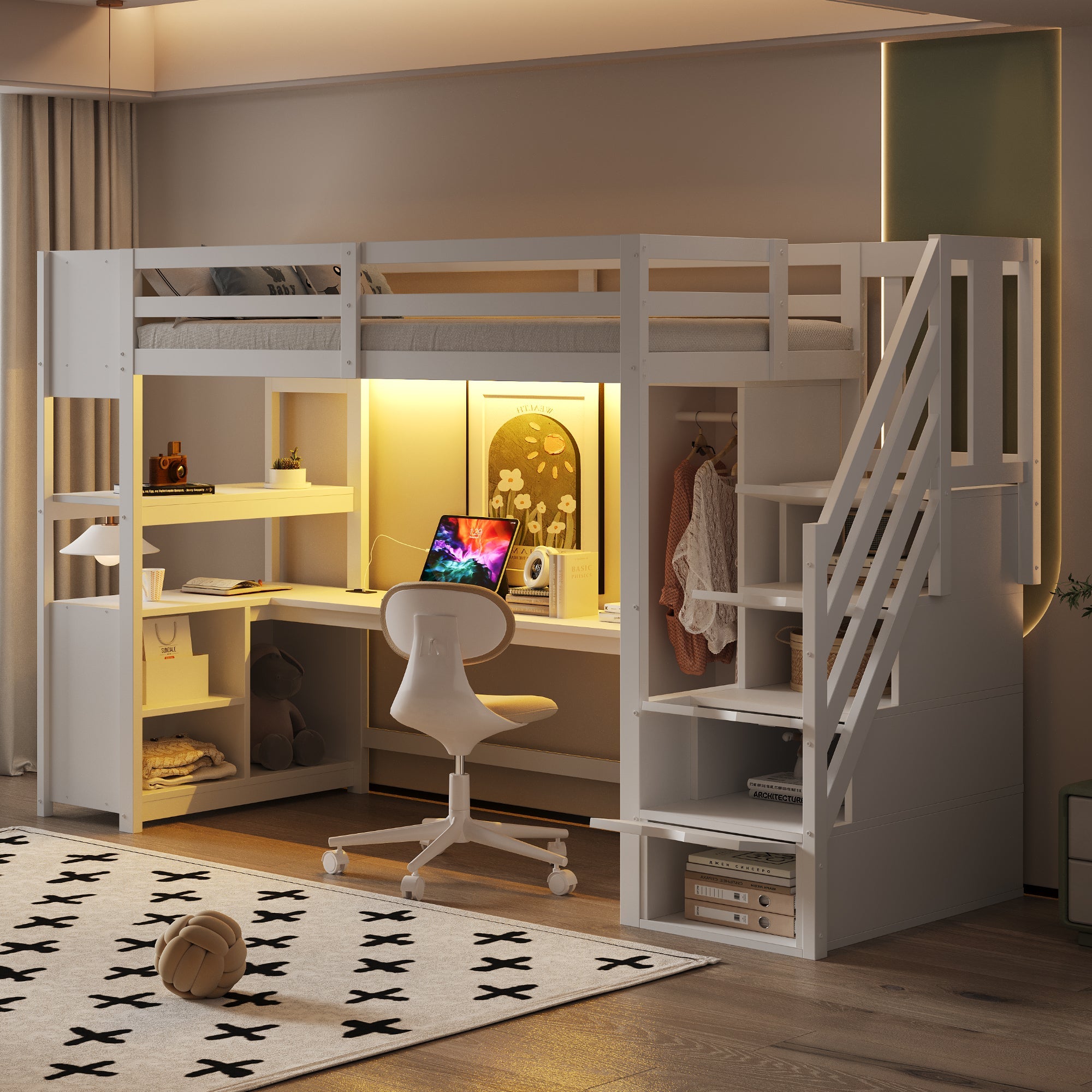 Wooden Loft Bed with Wardrobe, Desk, Storage Stairs, LED and Sockets, 90x200cm, White Pine + MDF