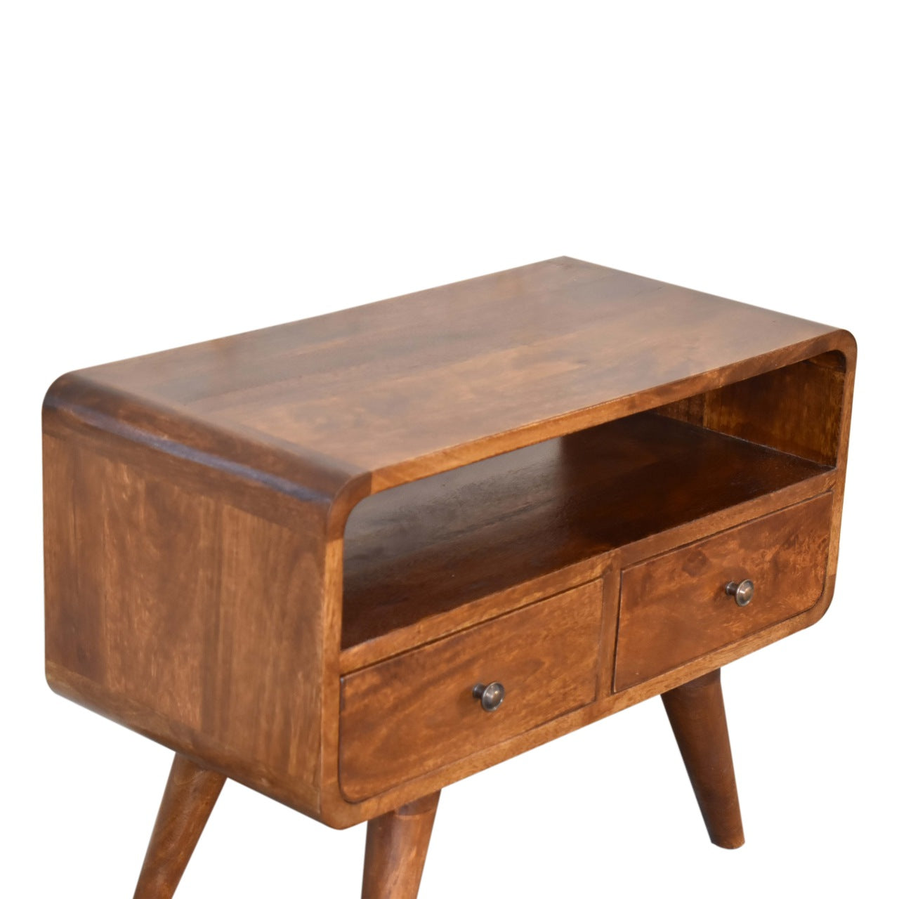 Solid Wood Mini Chestnut Curved Media Unit, 2 Drawers and Open Slot, Dark Brown