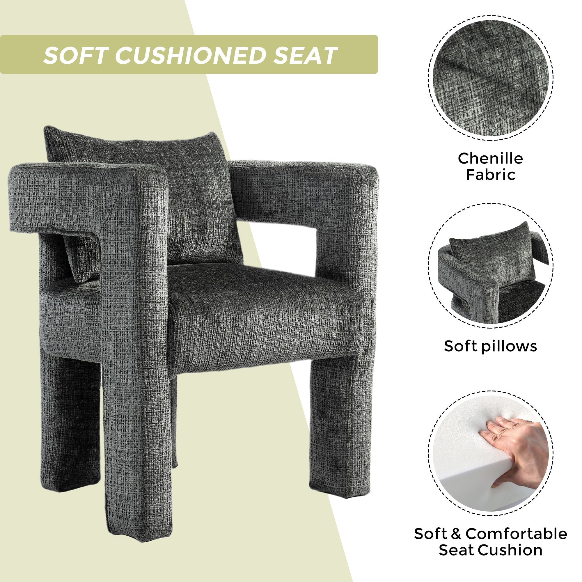 GOMYWAY Modern Chenille Lounge Chair with Hollow Armrest Design and Comfortable Cushions (Dark Gray)