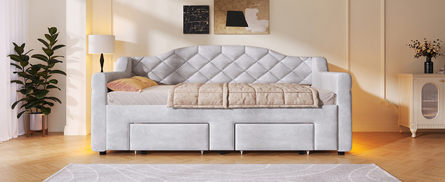 Upholstered Daybed with Two Drawers and LED Lighting, 90x200 to 180x200cm, Grey