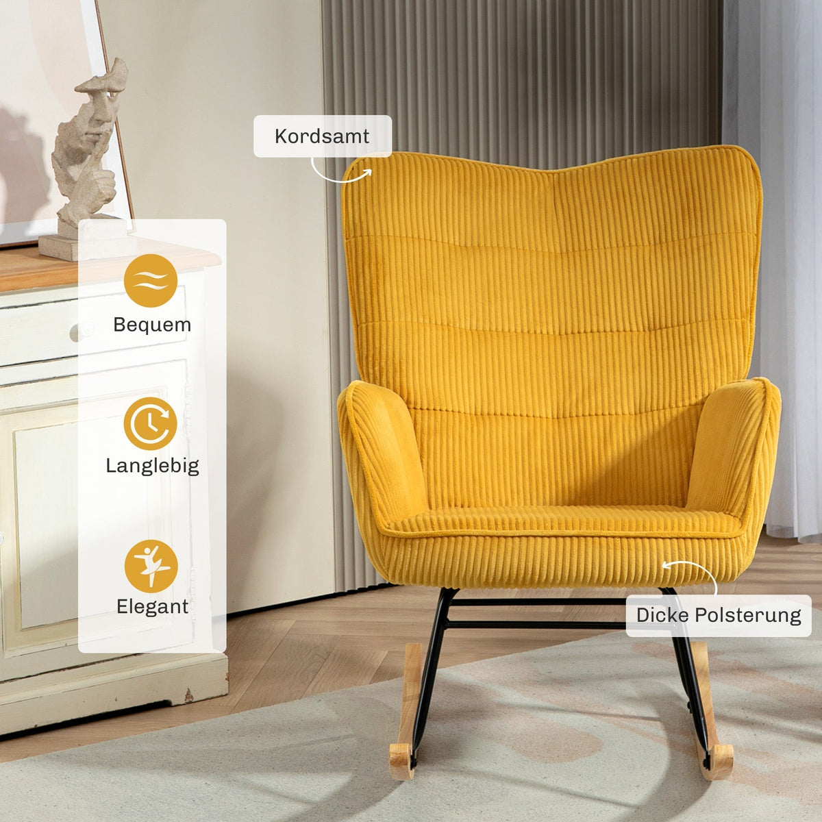 Rocking Chair/Armchair Berber Fleece Armrest Wooden Runners, Yellow