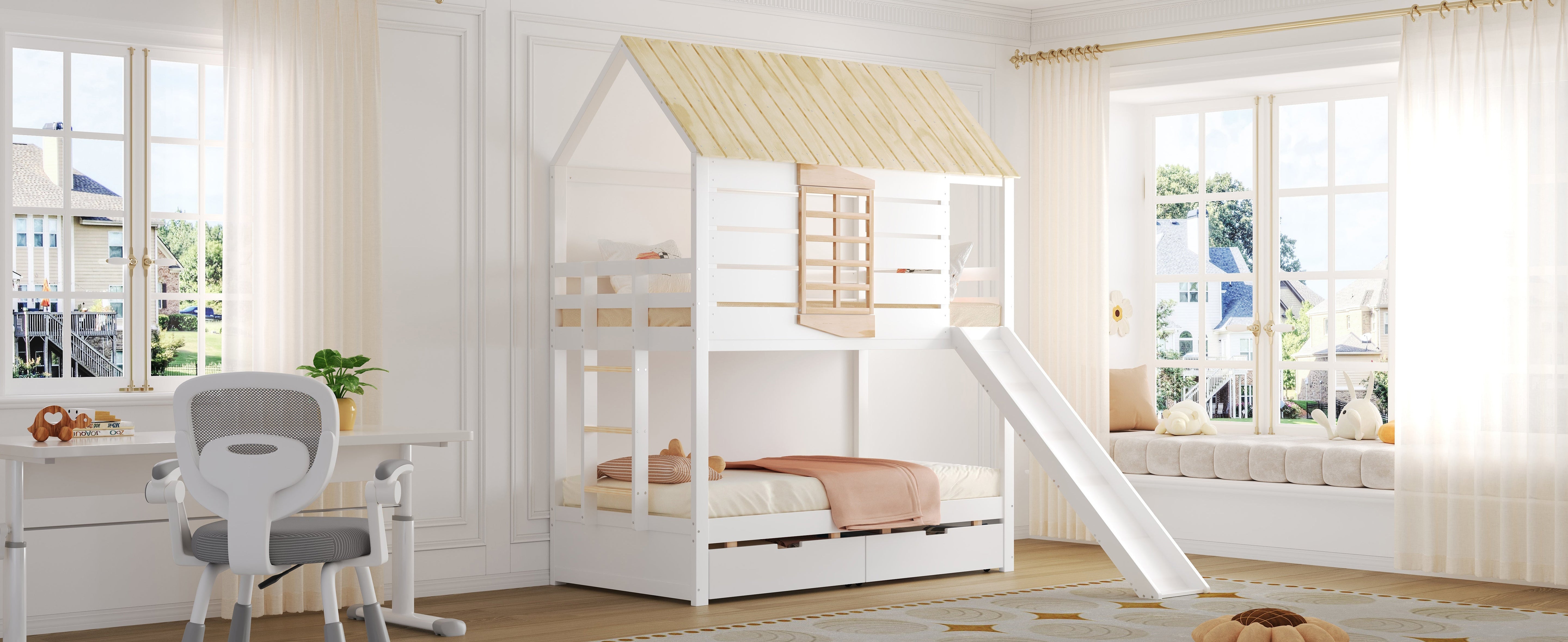 House Bunk Bed with Slide and 2 Storage Drawers, 90x200cm, White and Natural