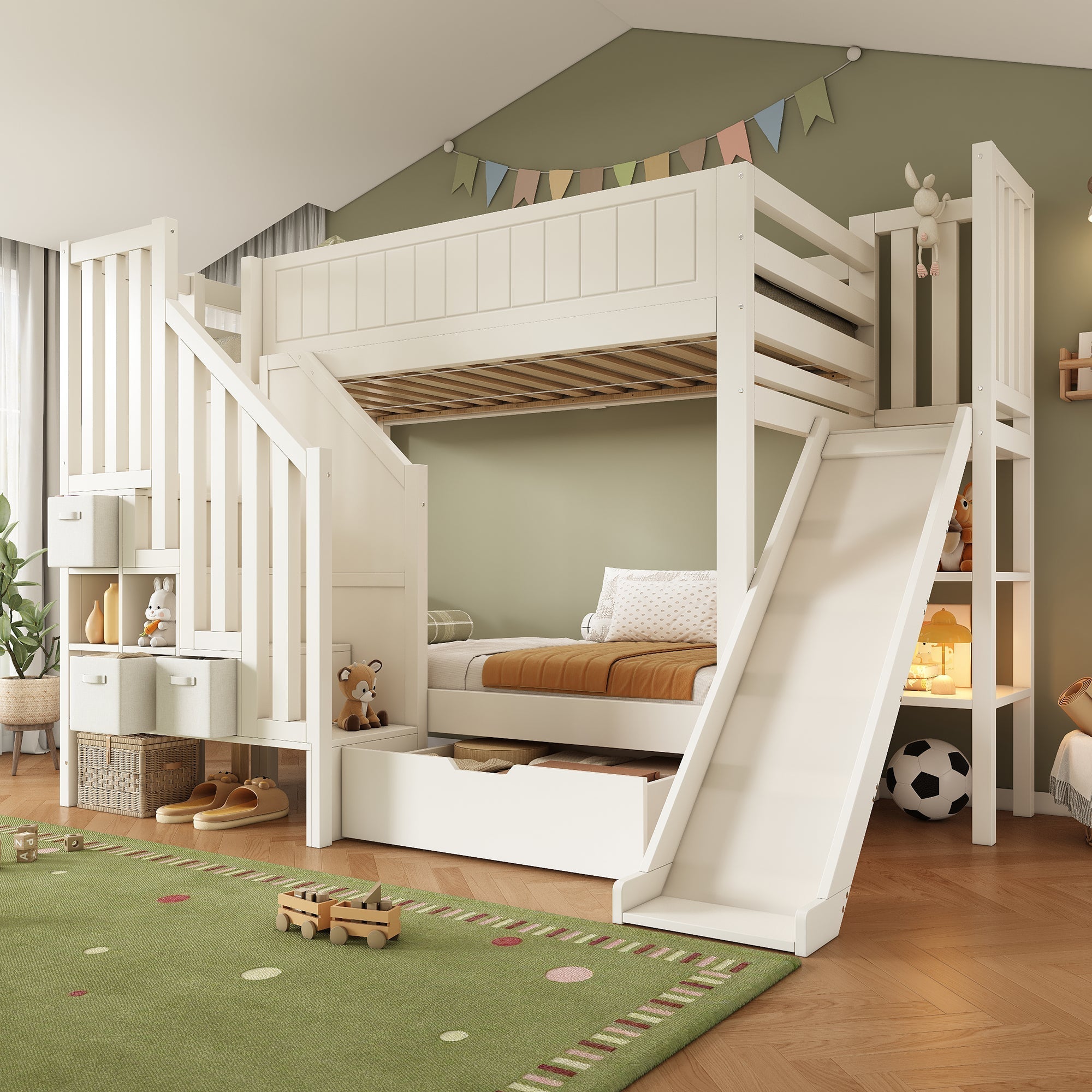 Children's Bunk Bed with Slide, Ladder Wardrobe, Drawers and Shelf, 90x200cm, White