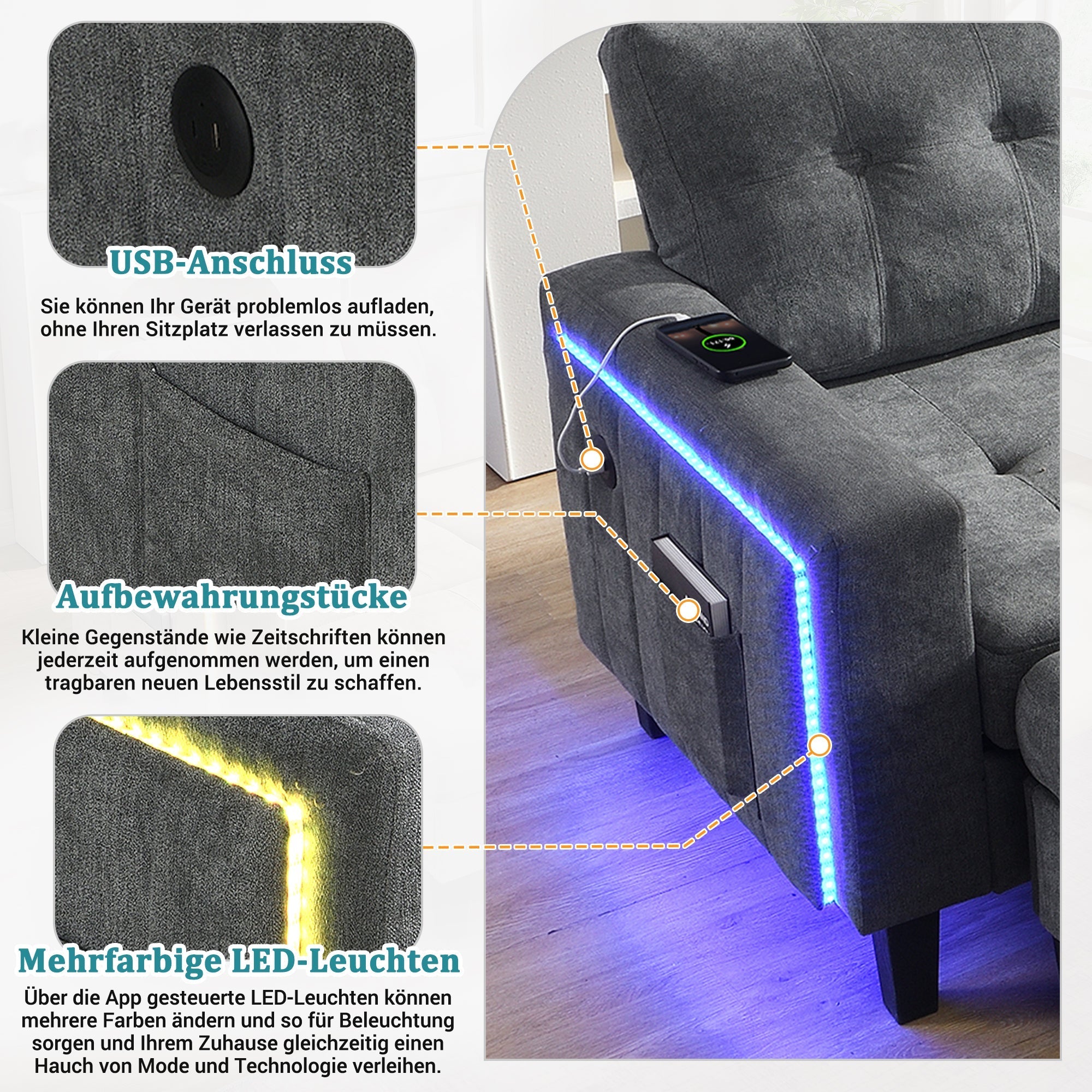 L-Shaped Sofa Set, Multifunctional with Movable Footstool & LED Lighting, Modern Modular