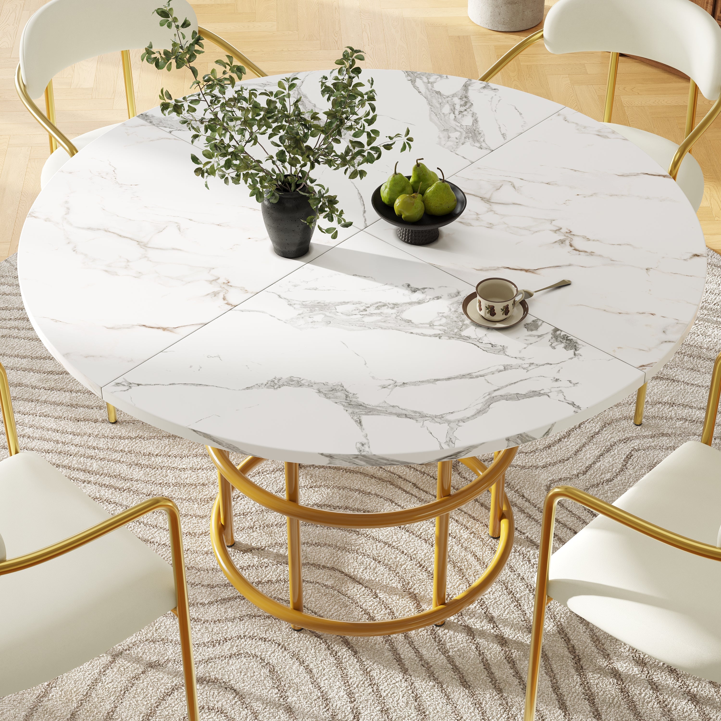 Round Dining Table 100cm 4-6 Seat Metal Ring Legs - Marbled MDF / Gold