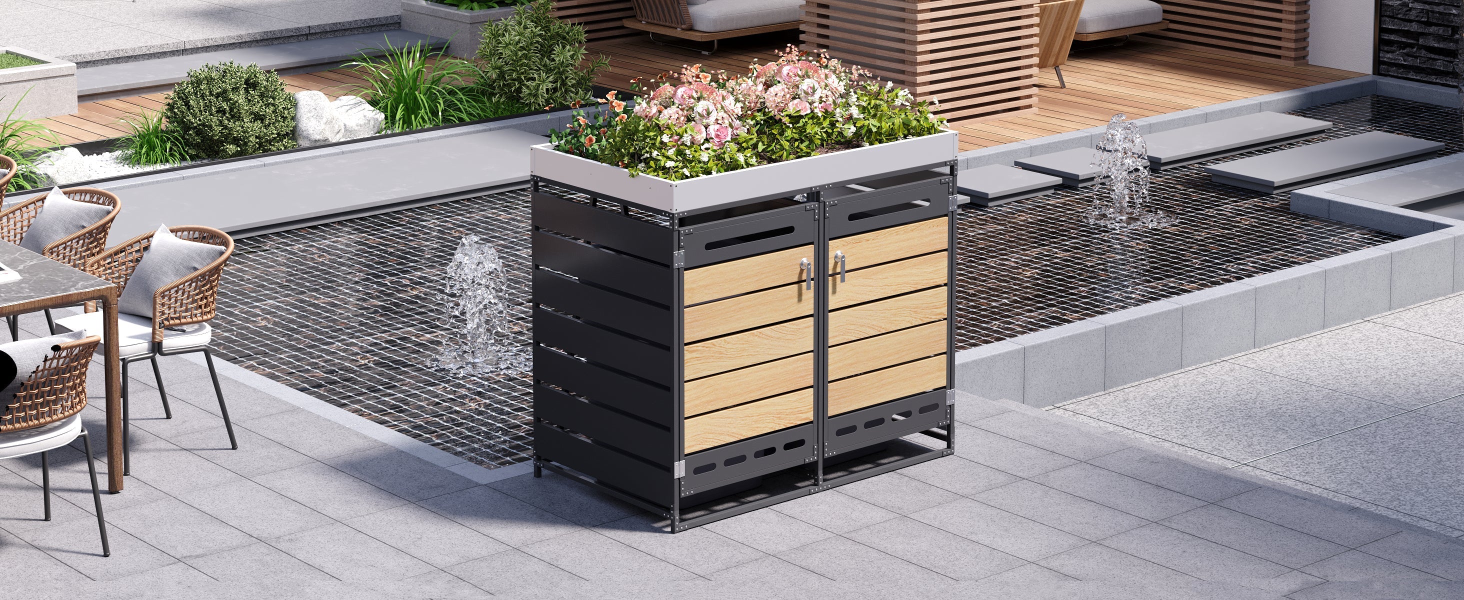 Garden Bin Storage with Planter Box, Slotted Ventilation and Lockable Door, Iron with Wood-Look Slats