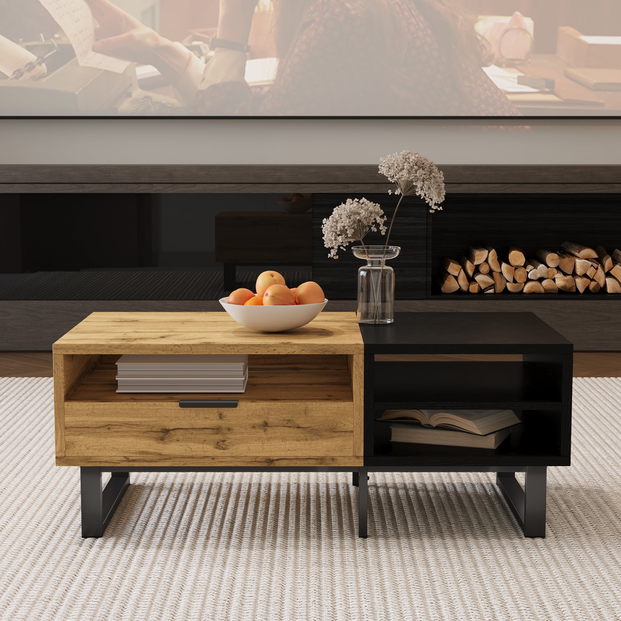Coffee Table with Color Block, Compartments, Drawers, Metal Legs