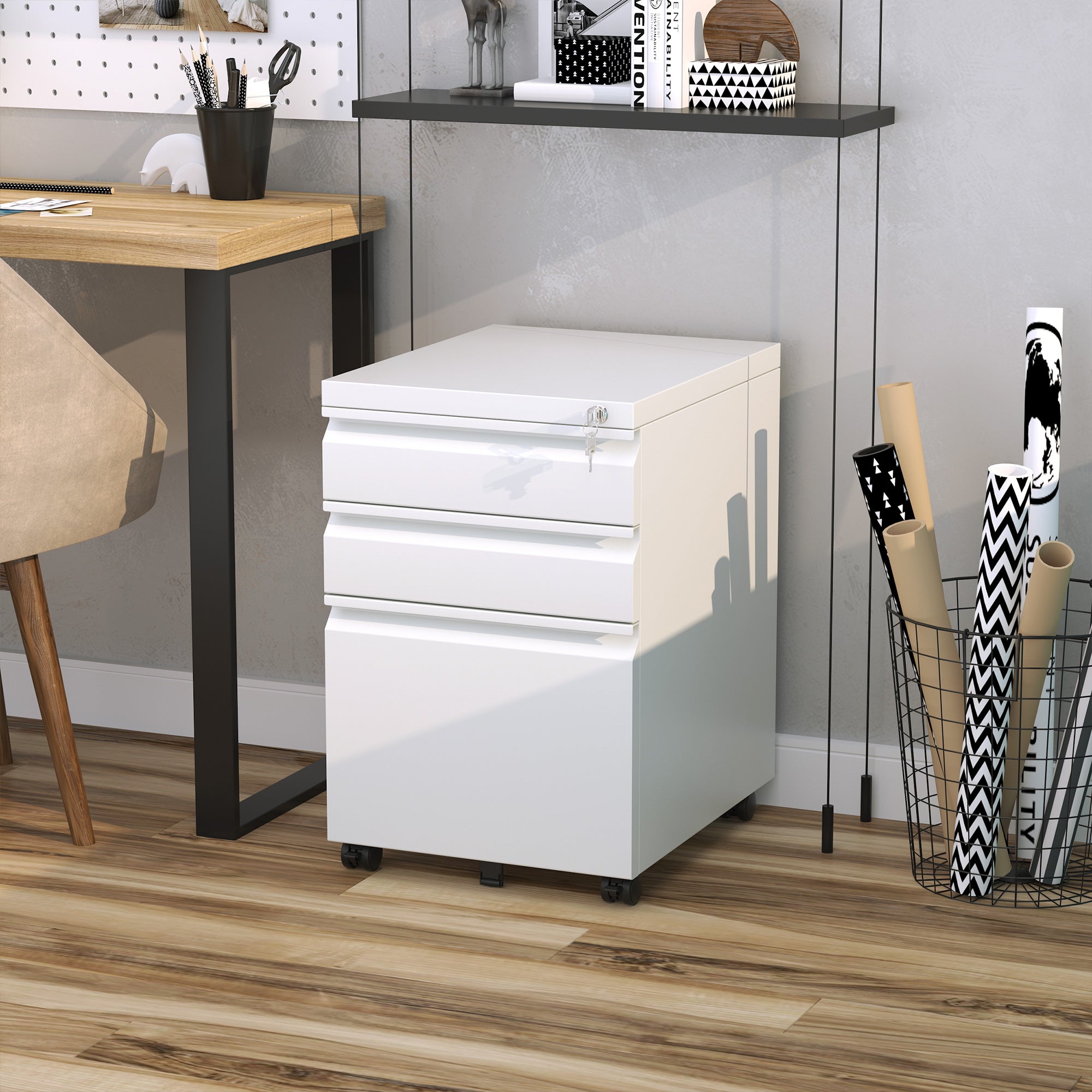 Vinsetto Mobile Office Cabinet, 3 Drawers Wheels, Steel White