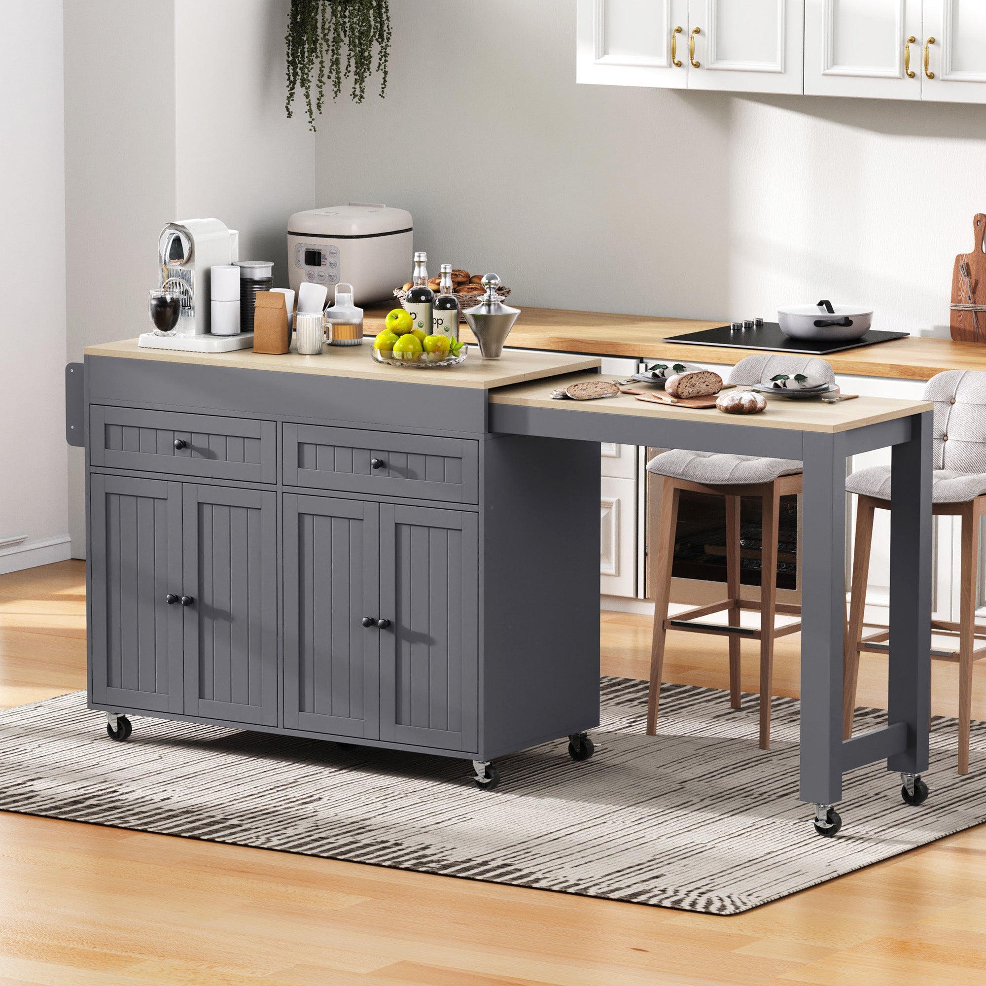 Kitchen Island, Extendable Dining Area Worktop & Drawers, Mobile Freestanding, Gray + Natural
