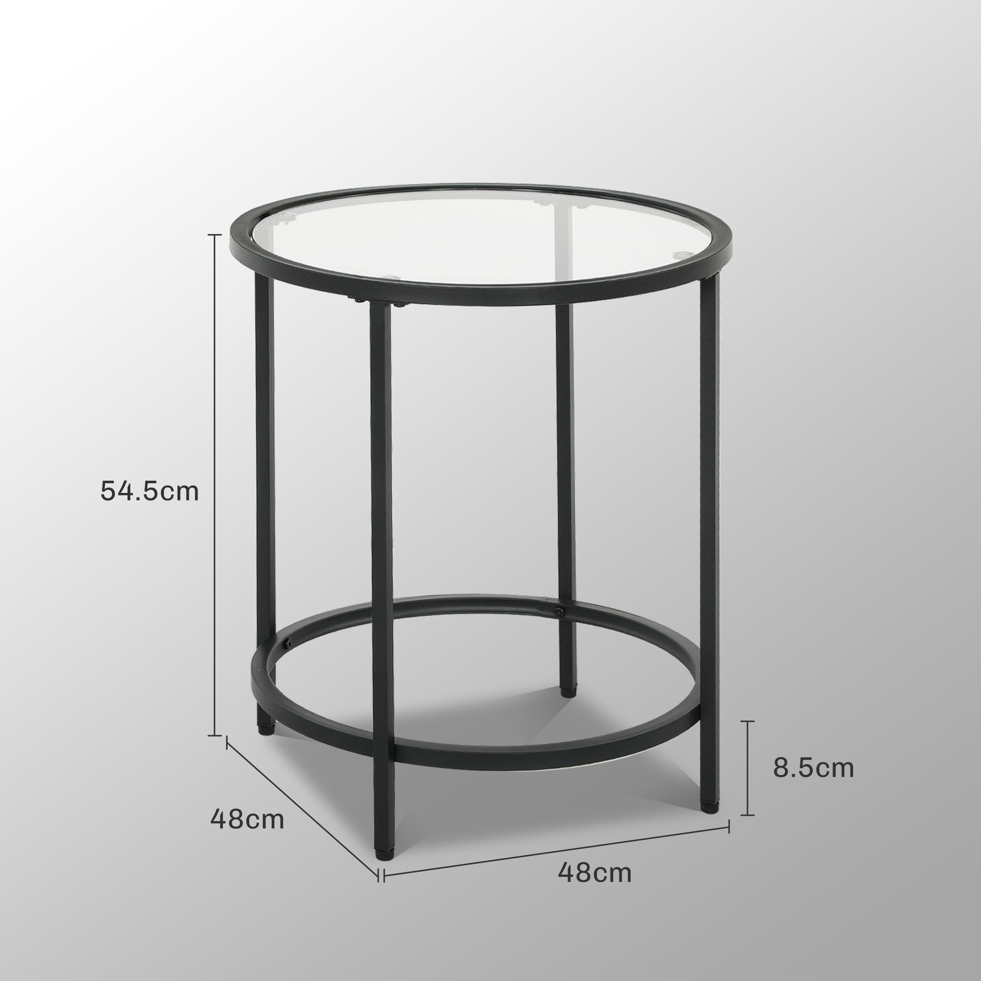 Round Side Coffee Table, Glass Top Nightstand Metal Frame, Black