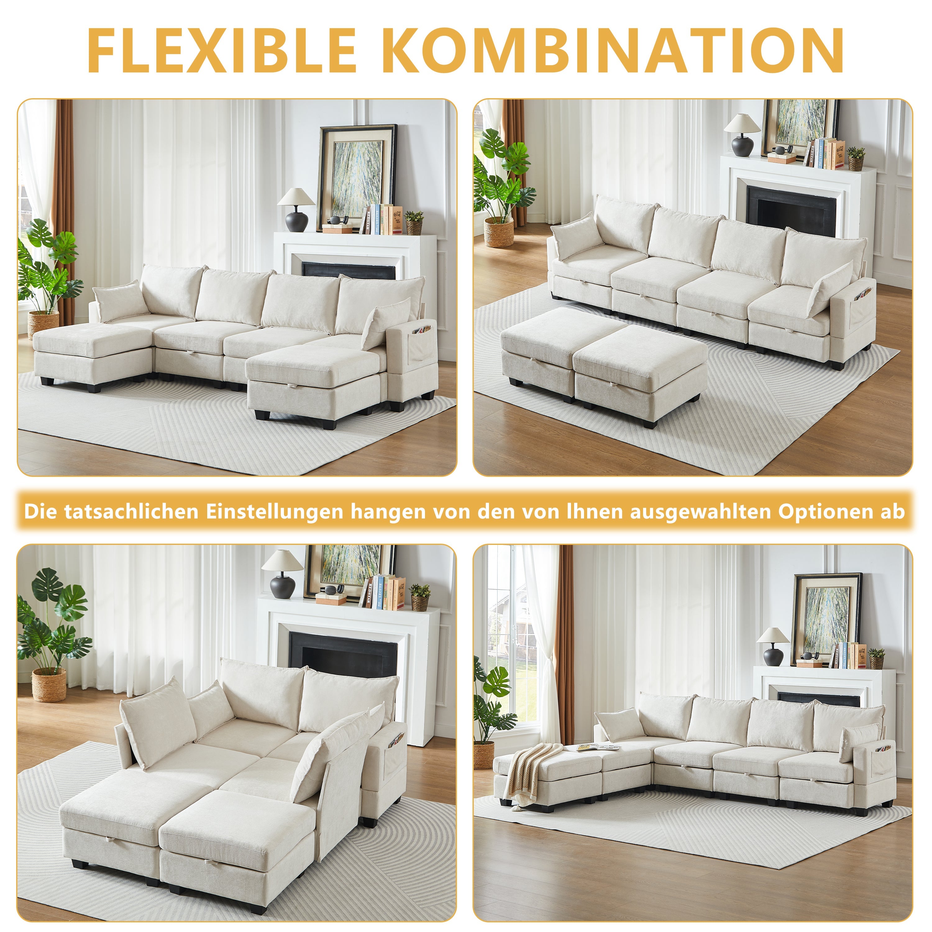 Modular Corner Sofa U-Shaped 6-Seater Storage Ottoman Chaise - Chenille