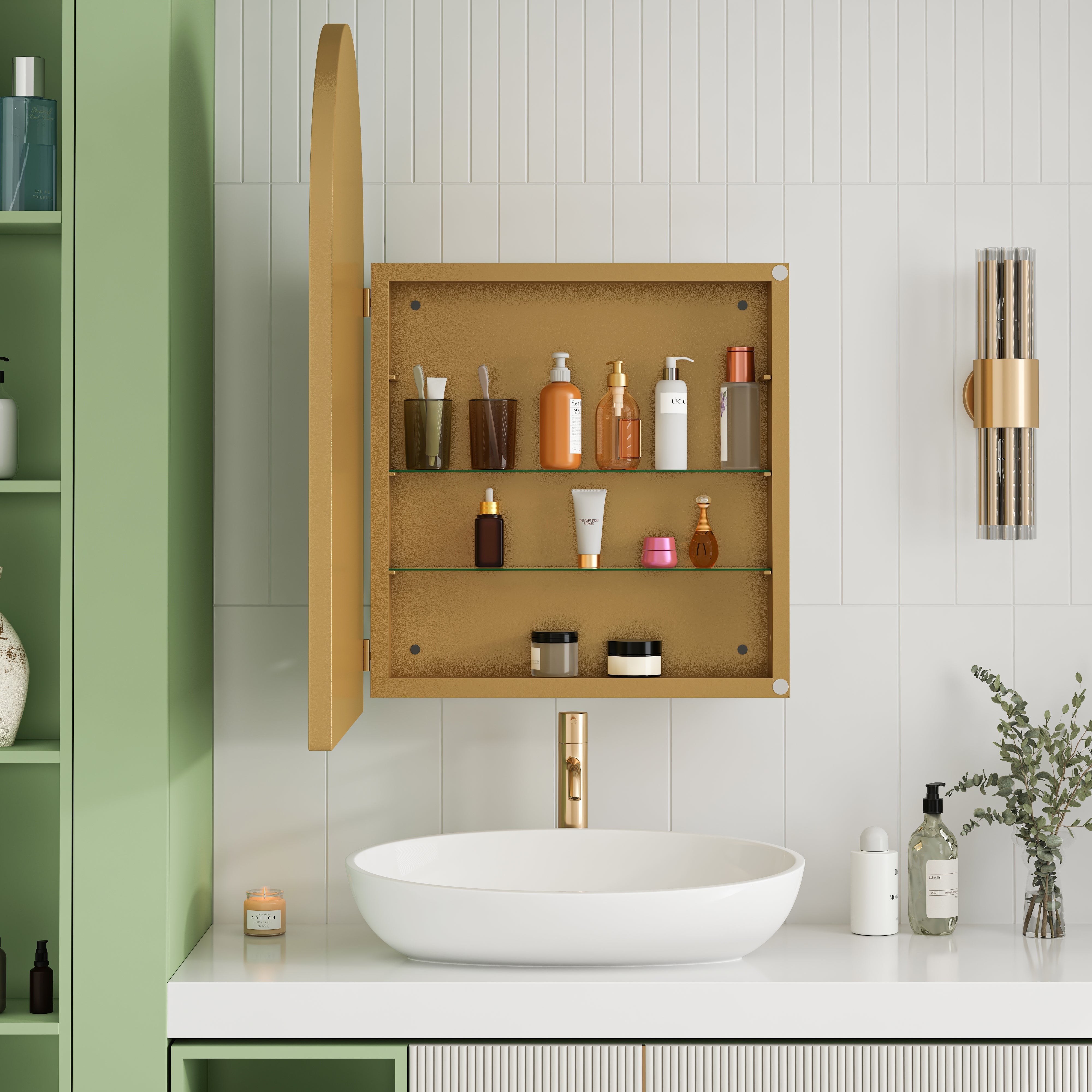 Stylish Arched Mirror Cabinet, Recessed Wall Storage Metal Framed, Gold