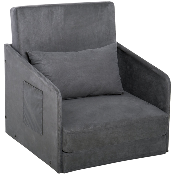 Sofa Bed, Single, Washable Cover, 2 Side Pockets, Metal Frame, Grey