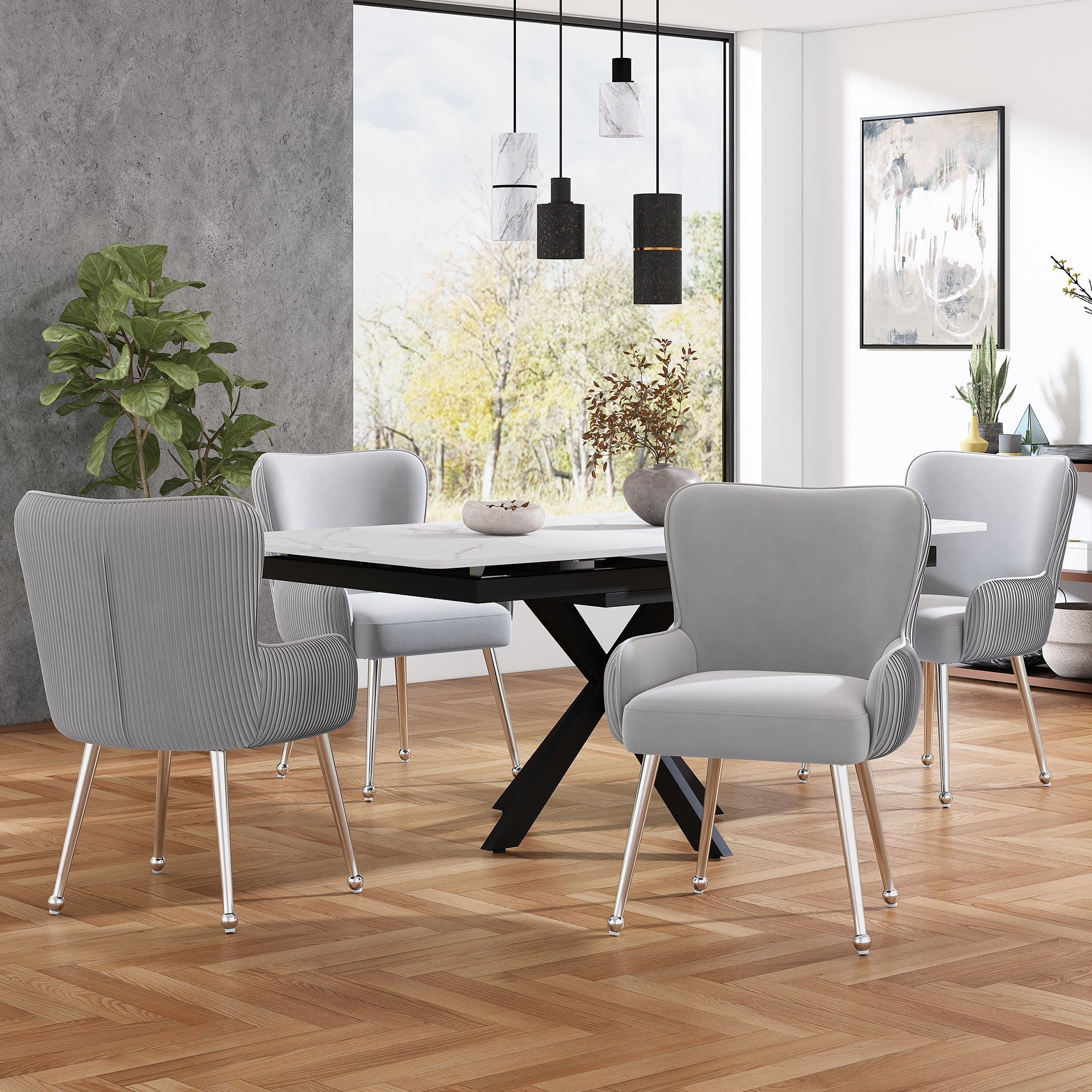 Velvet Dining Chair Set of 4 with Armrests Lumbar Support Adjustable Feet Grey