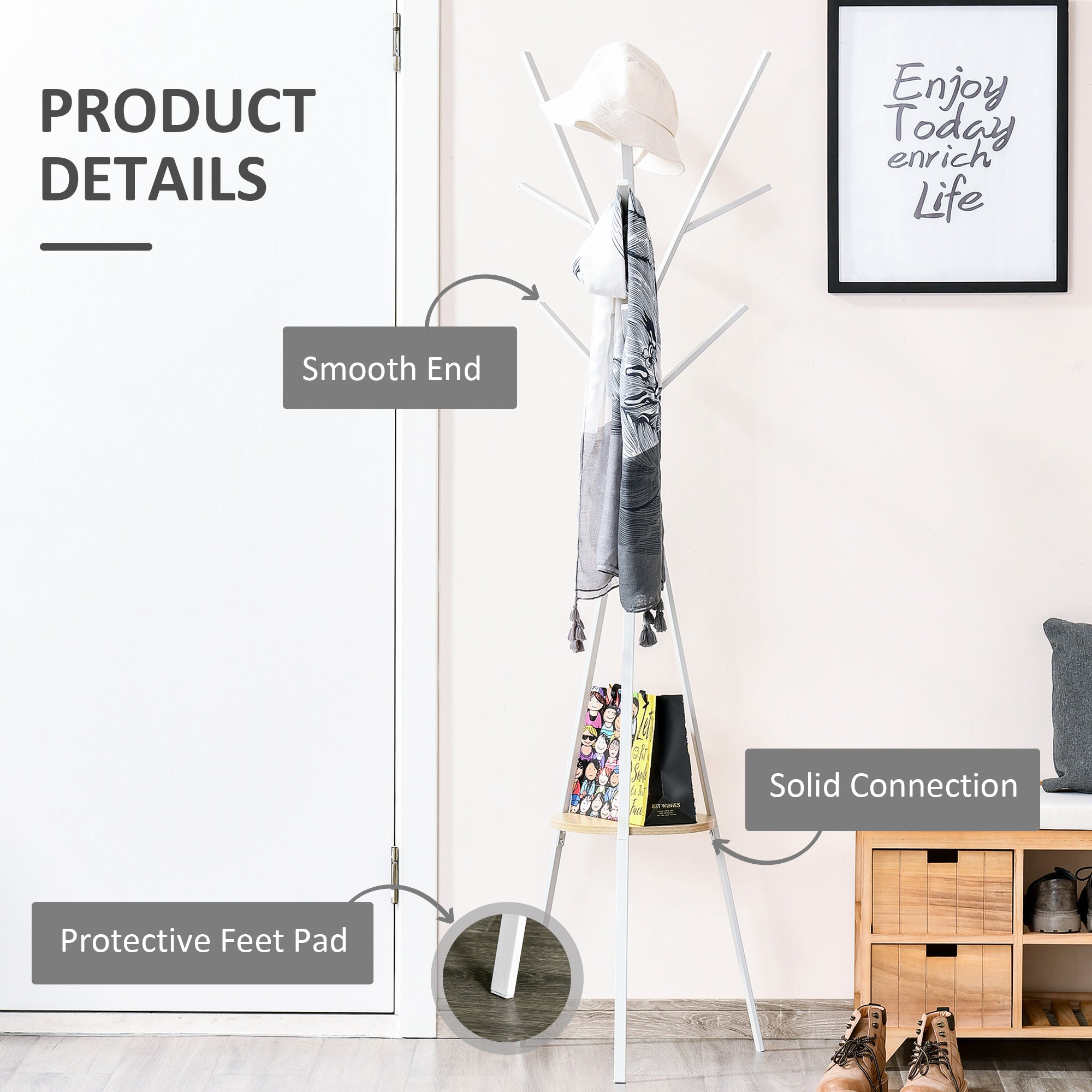 Freestanding Coat Rack Stand 9 Hooks 1 Shelf Metal White
