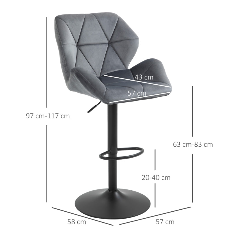 Set of 2 Bar Stools Upholstered Height Adjustable 360° Swivel Backrest - Velvet Look