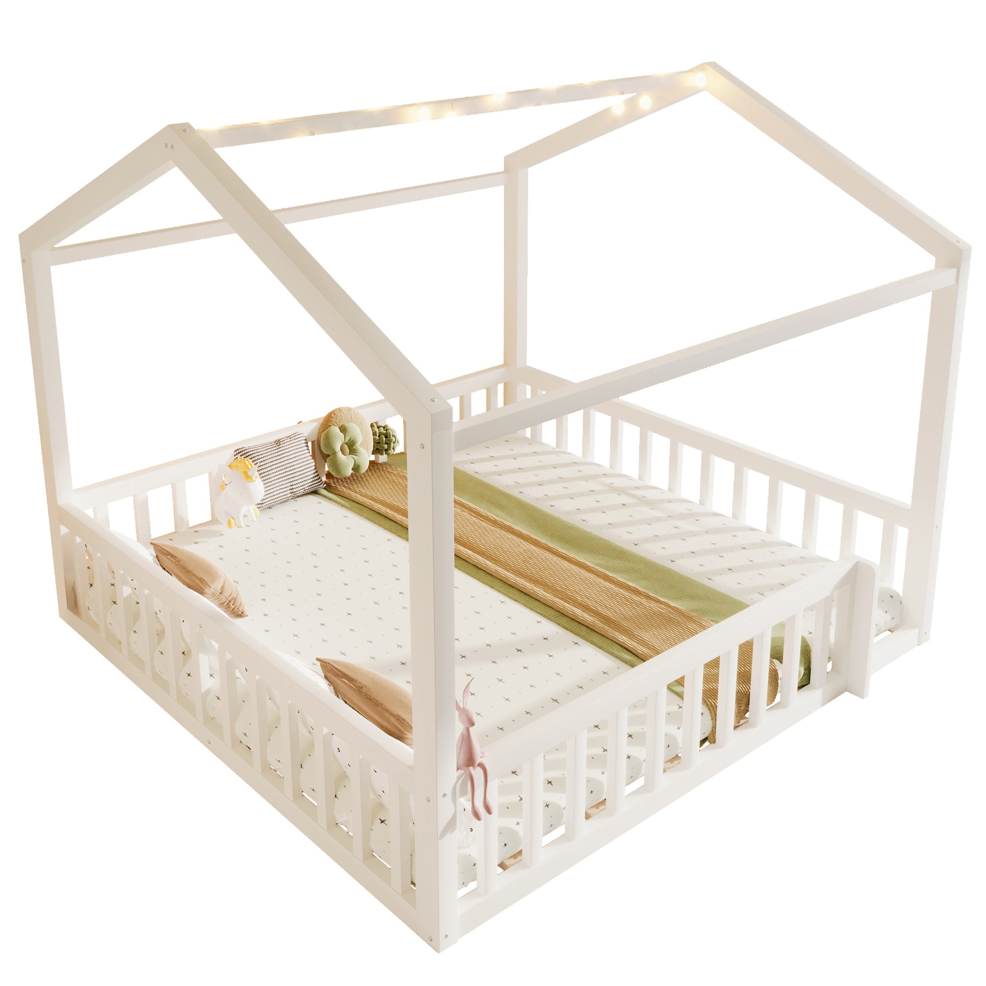 Flatbed Convertible Children's Bed 90x190cm to 180x190cm House Rail LED Lights Pine Wood White