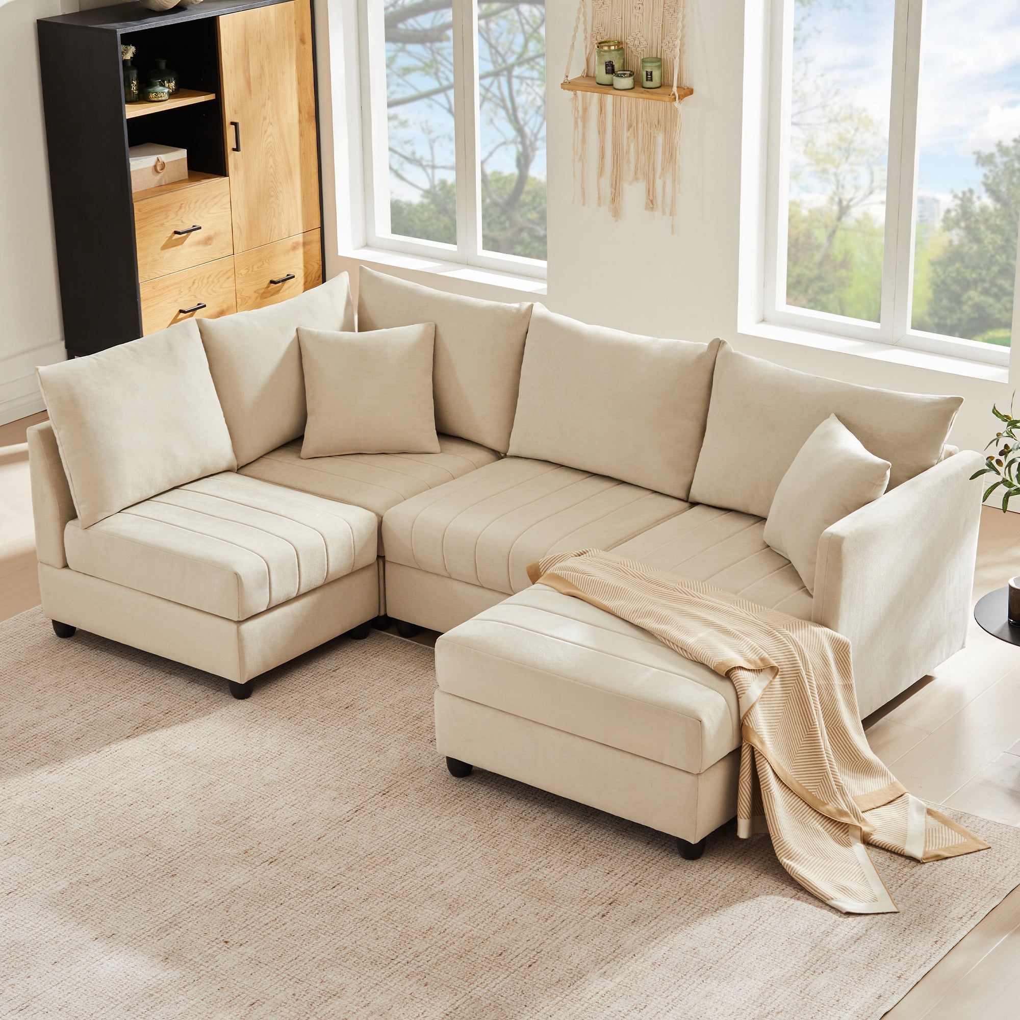 Modular Corner Sofa 5-Seater L/U-Shaped with Convertible Footstool
