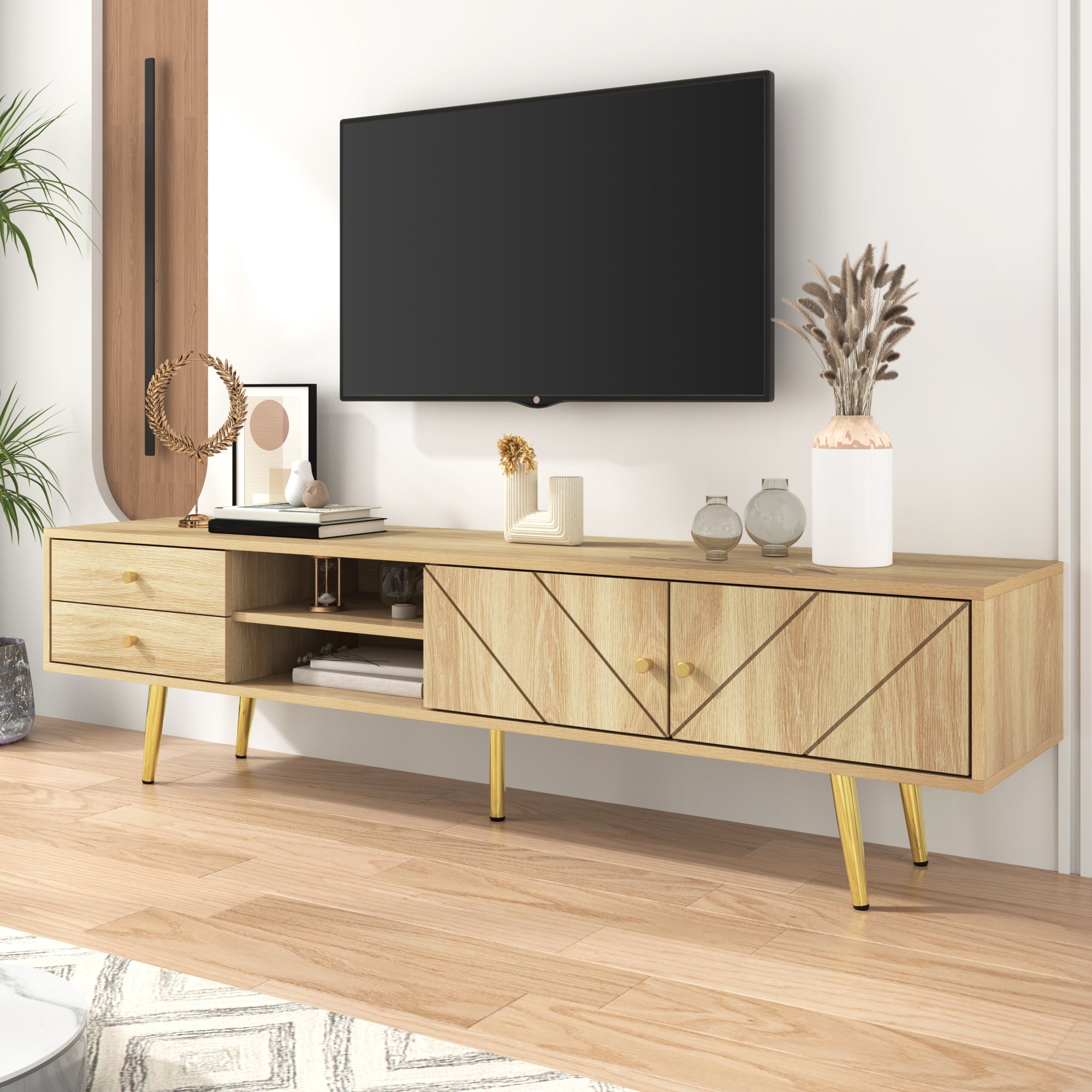 TV Cabinet 160cm, Gold Feet, Two Drawers, Unique Doors