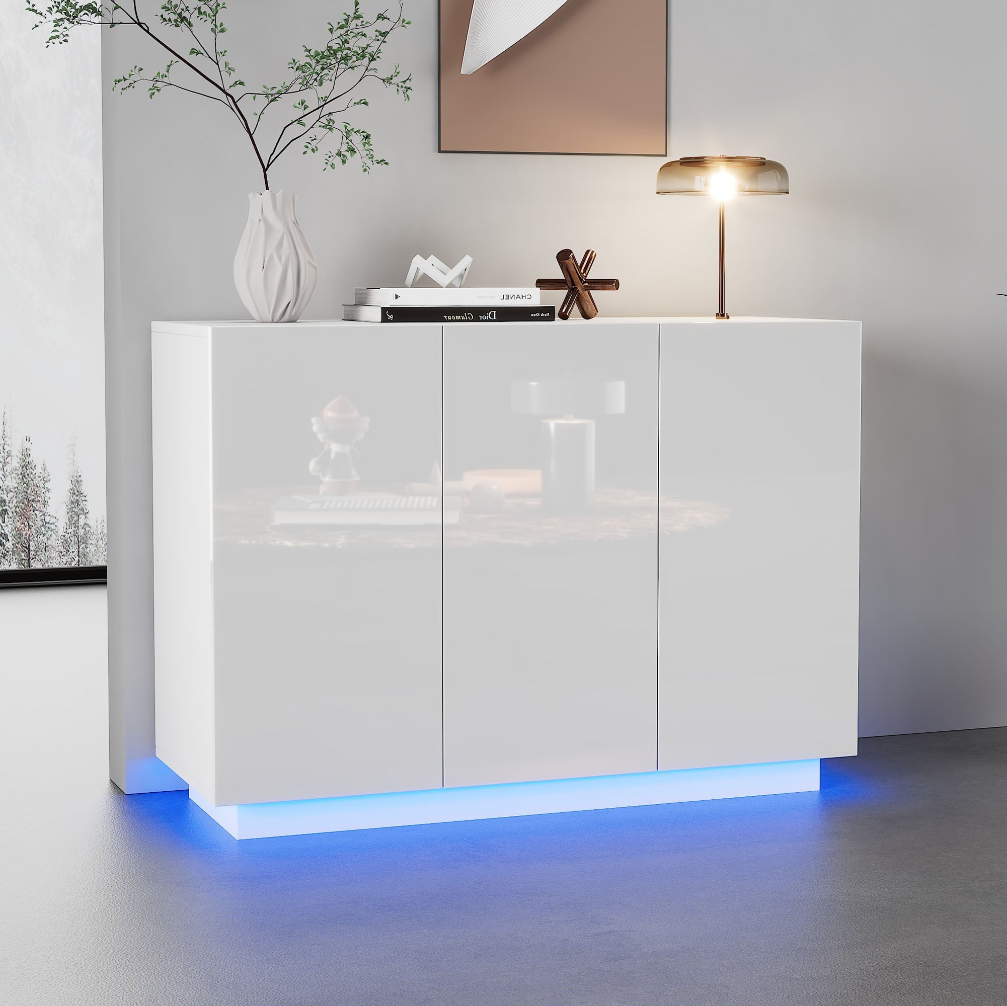 Dining Room Cabinet Sideboard, Open/Closed Storage LED Light, 120x40x75CM, White High-Gloss