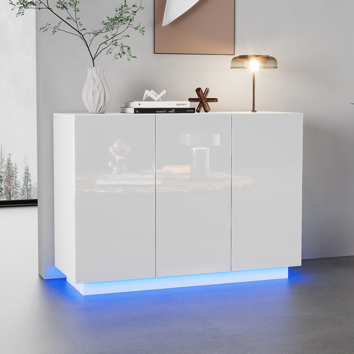 Dining Room Cabinet Sideboard, Open/Closed Storage LED Light, 120x40x75CM, White High-Gloss