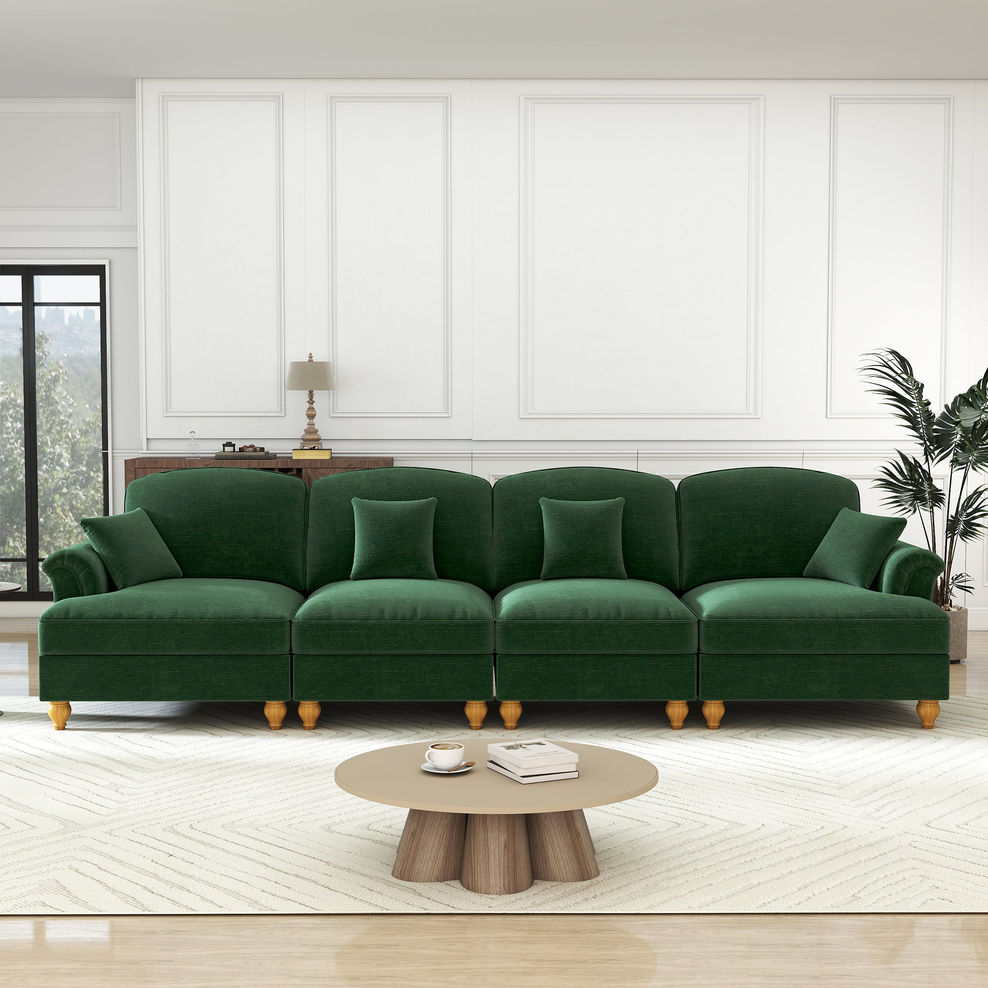 Sofa 4-Seater Mid-Century Chenille Ruffled Apron Spindle Legs - Green