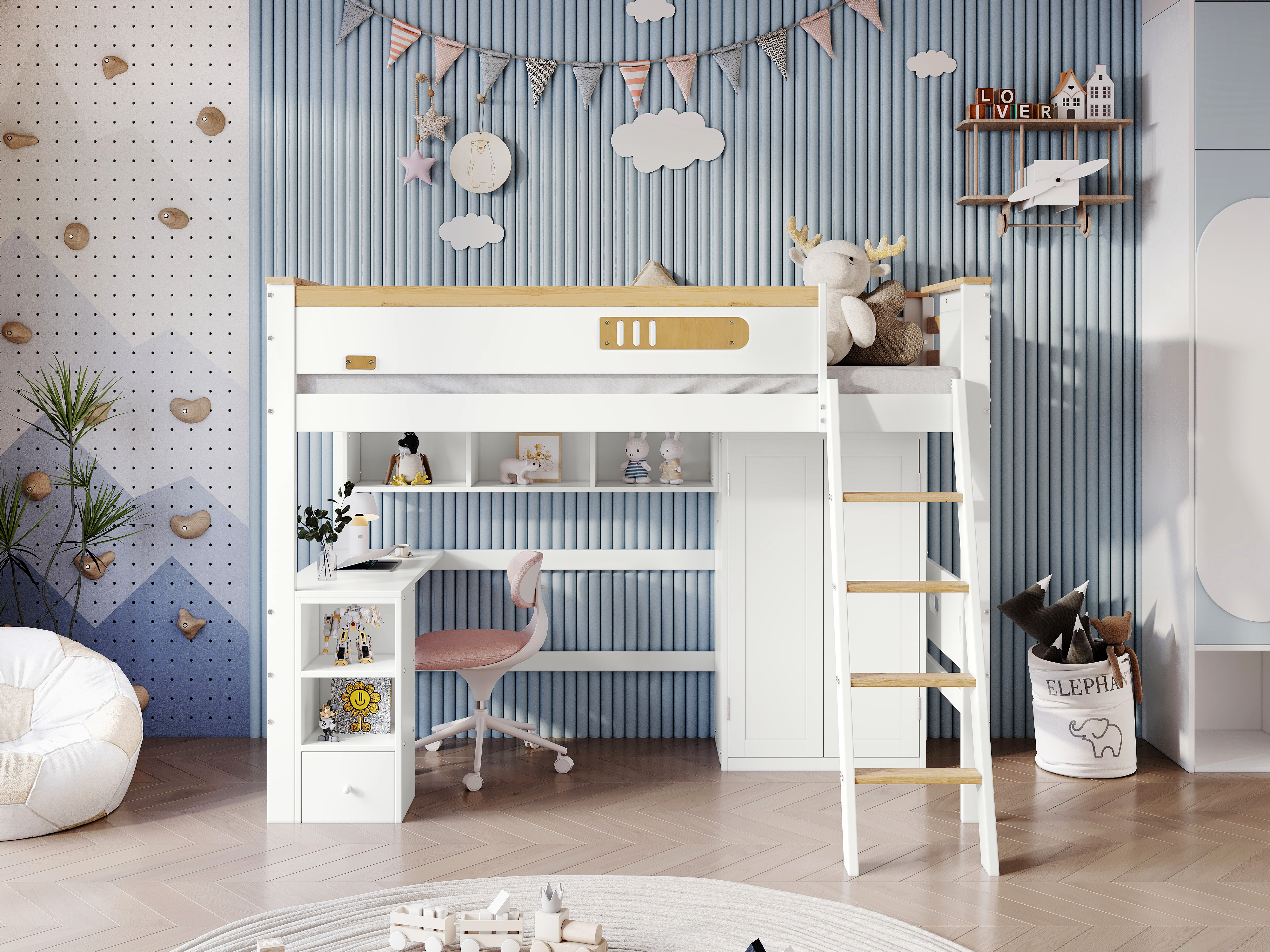Bunk Bed with Safety Rail, Table, Wardrobe, Ladder, 90x200cm, Pine/MDF White/Natural