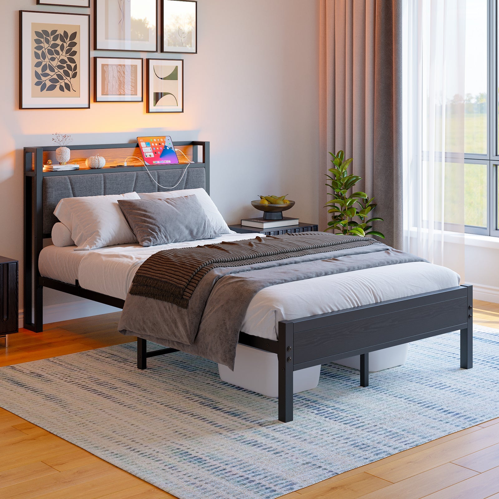 Bed Frame 120x200cm Smart LED USB Memory Headboard - Metal Slatted