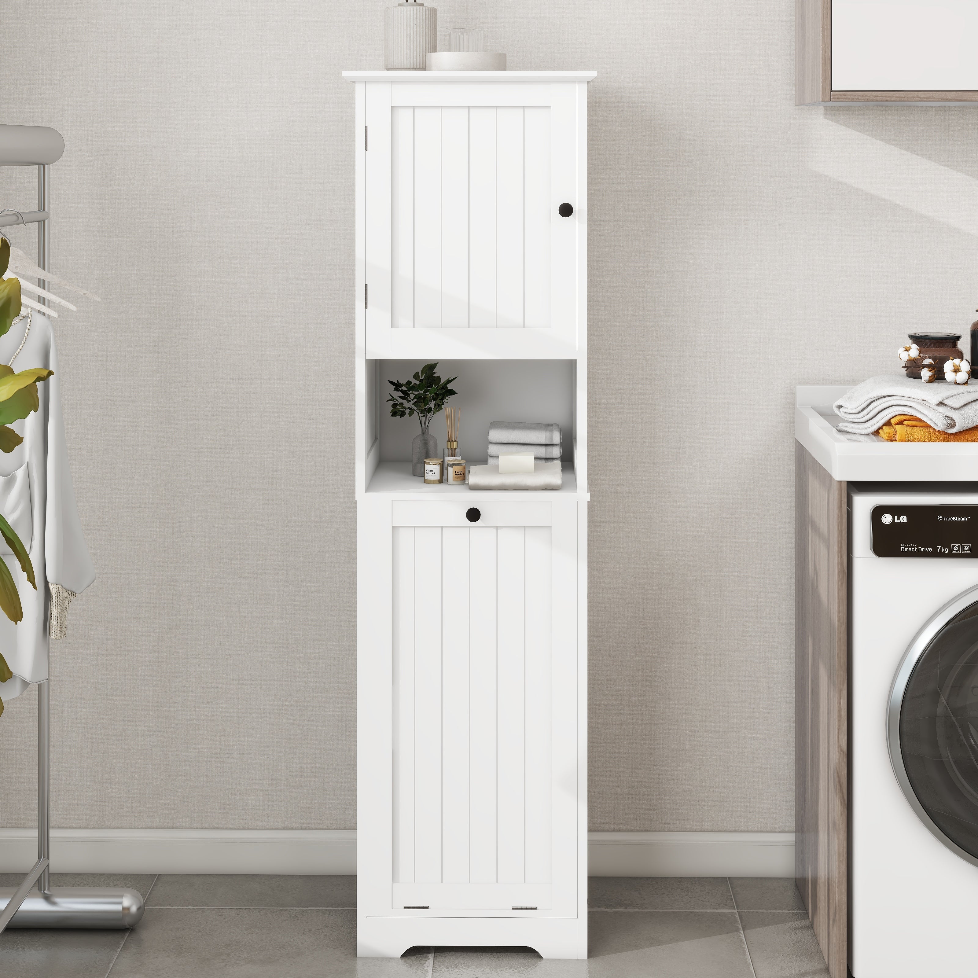 Laundry Sorter Cabinet, One-Compartment Tilt-Out Door, White