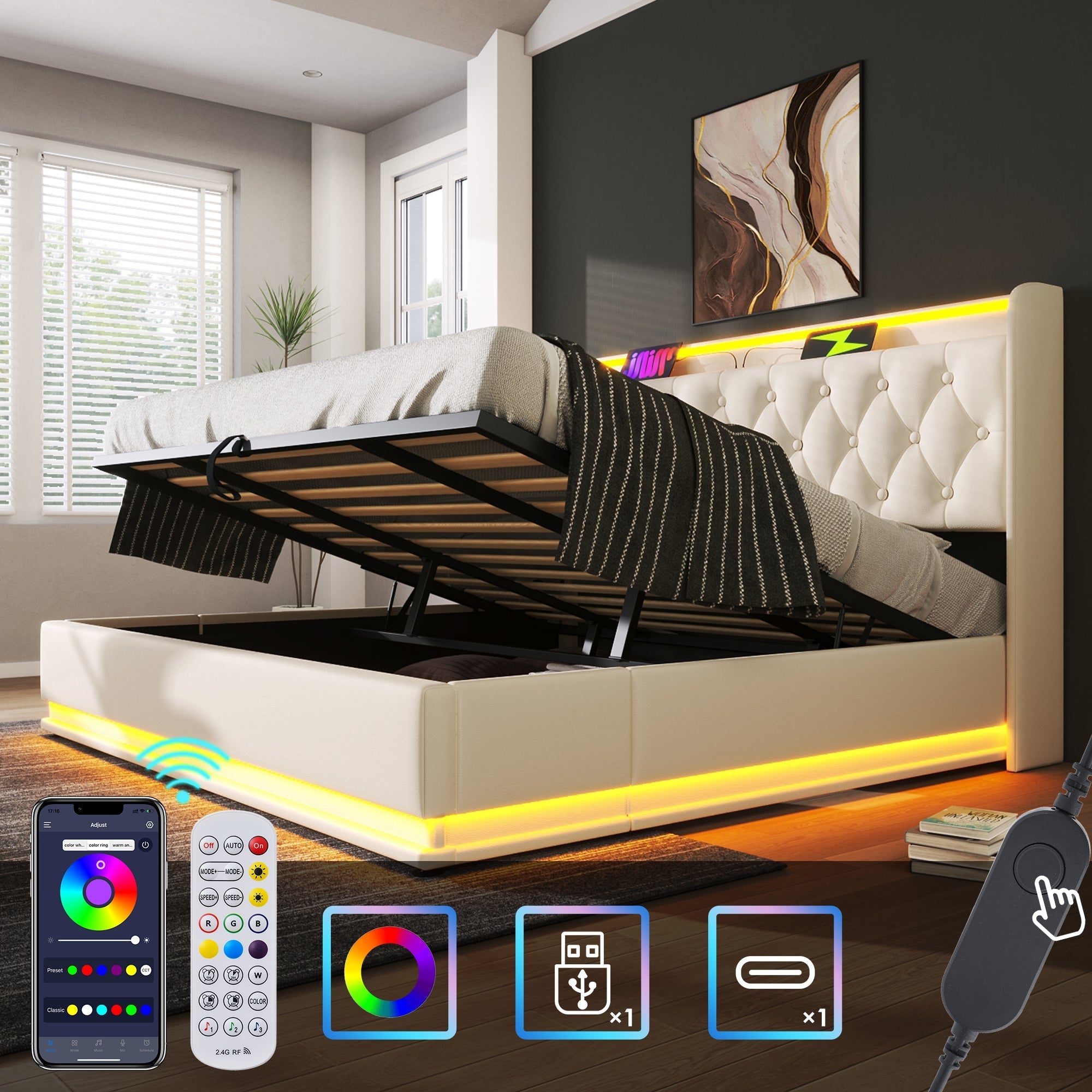 Upholstered Bed Double, 360 LED, Hydraulic Storage, USB-C Charging, 180x200 cm White PU