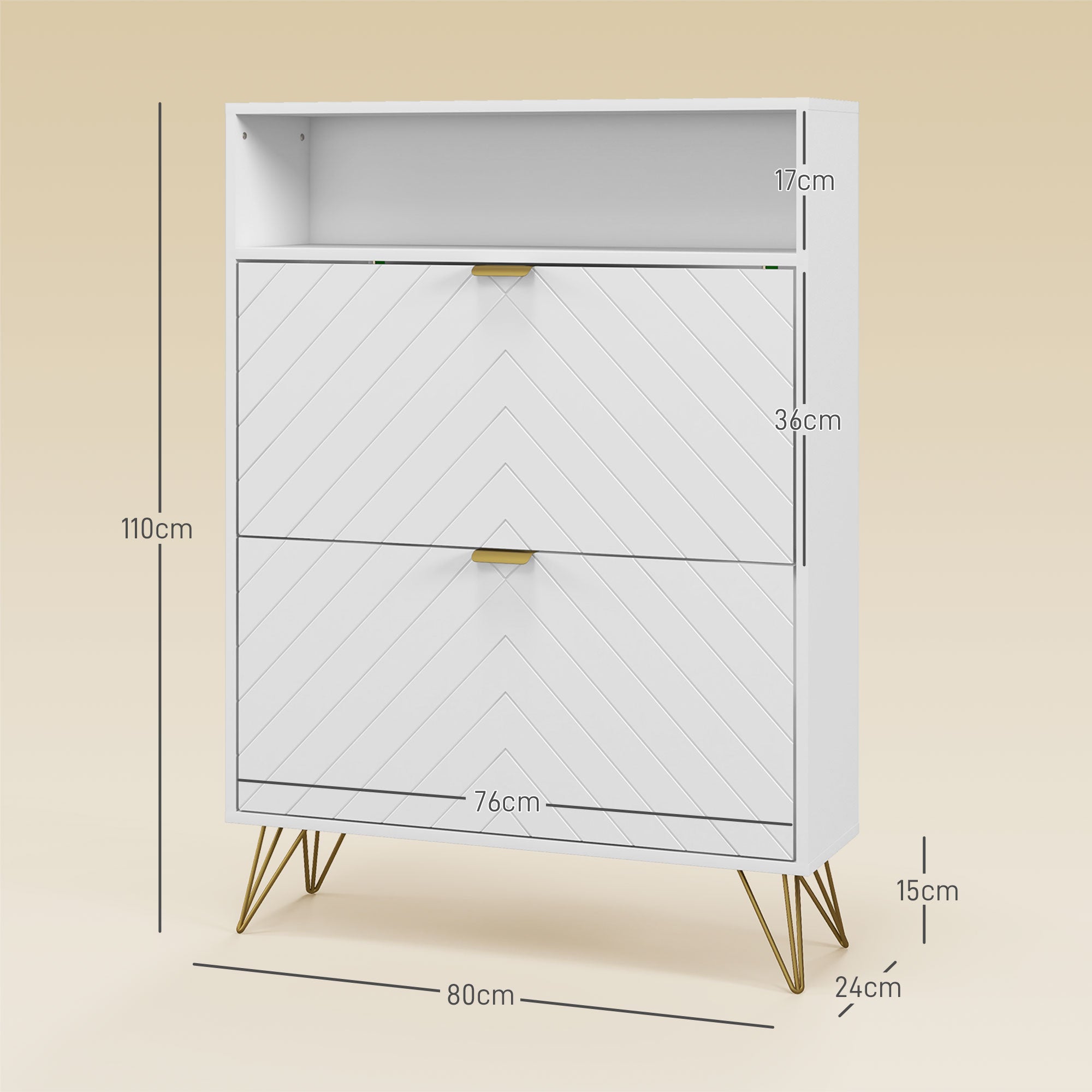 Shoe Storage Cabinet, 12 Pair Capacity with Chevron Indents and Gold Accents - White