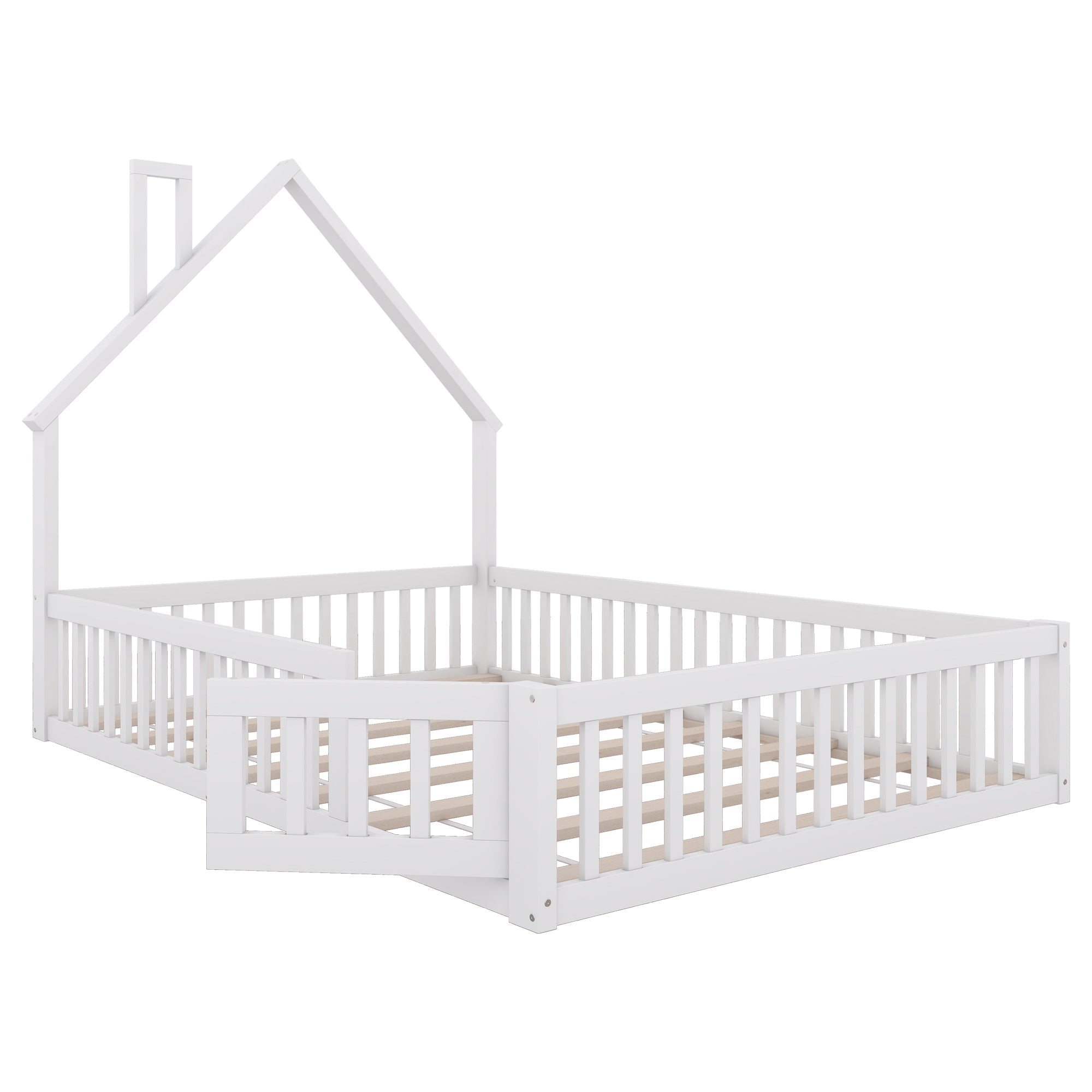 Children's House Bed 140x200cm Chimney Shape Slatted Base Pine Wood White
