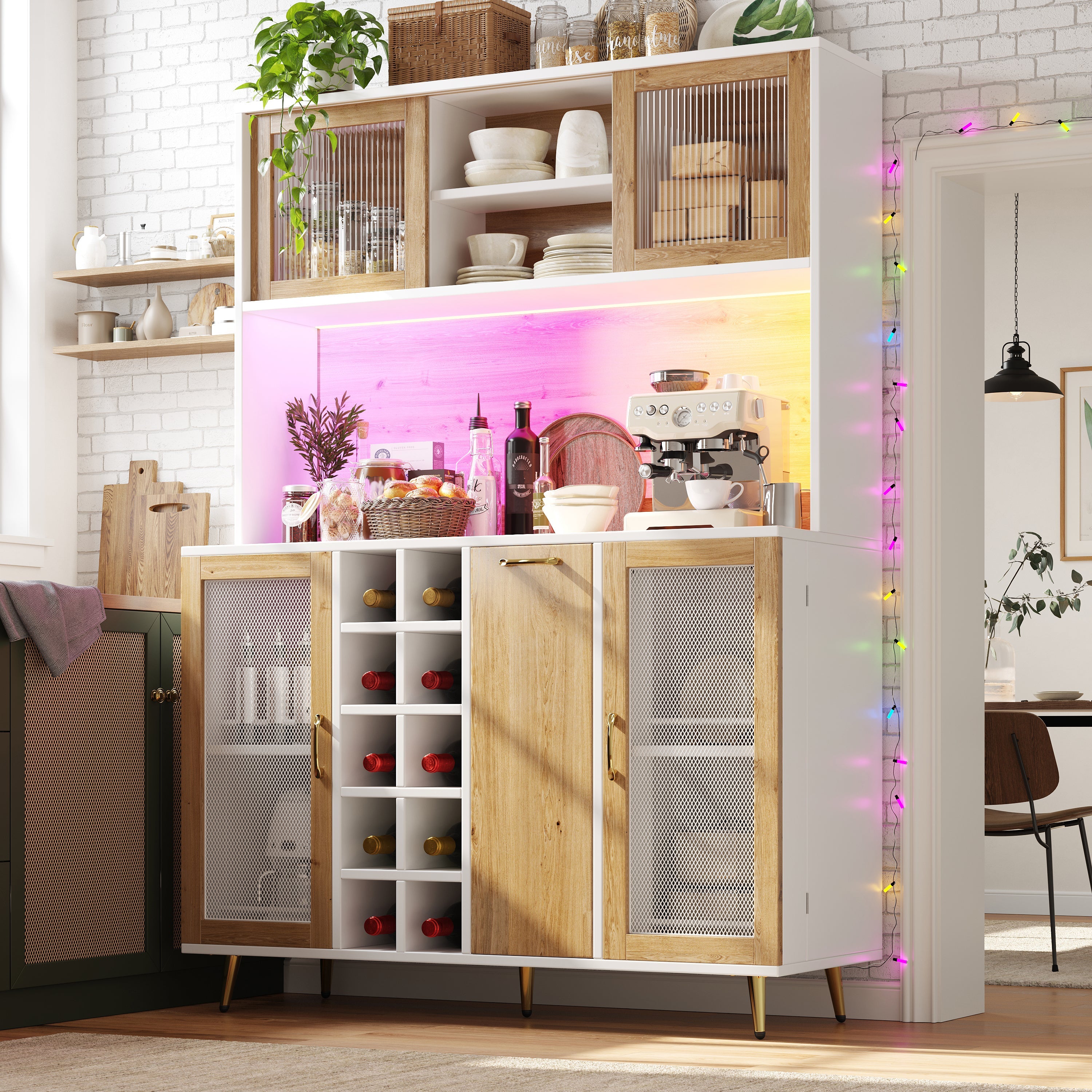 Buffet Sideboard Cabinet with LED Lighting, Wine Rack and Integrated Socket, White and Wood Look