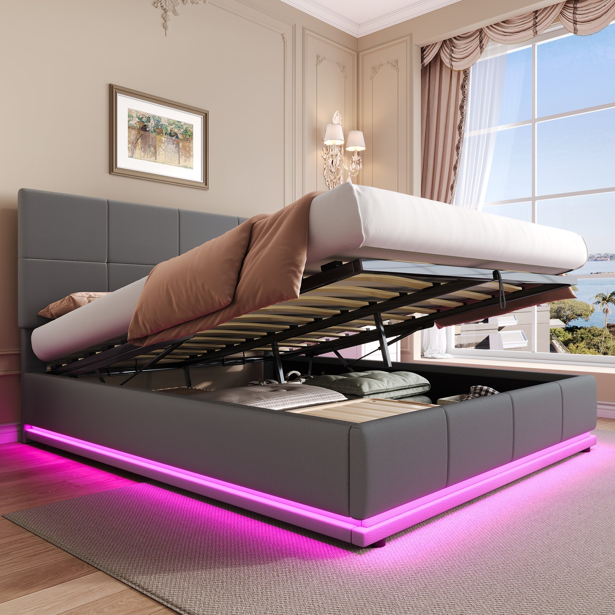 Ottoman Double Bed with LED Lighting, Hydraulic Storage, Adjustable Square Tufted Headboard, Grey PU Leather (No Mattress)