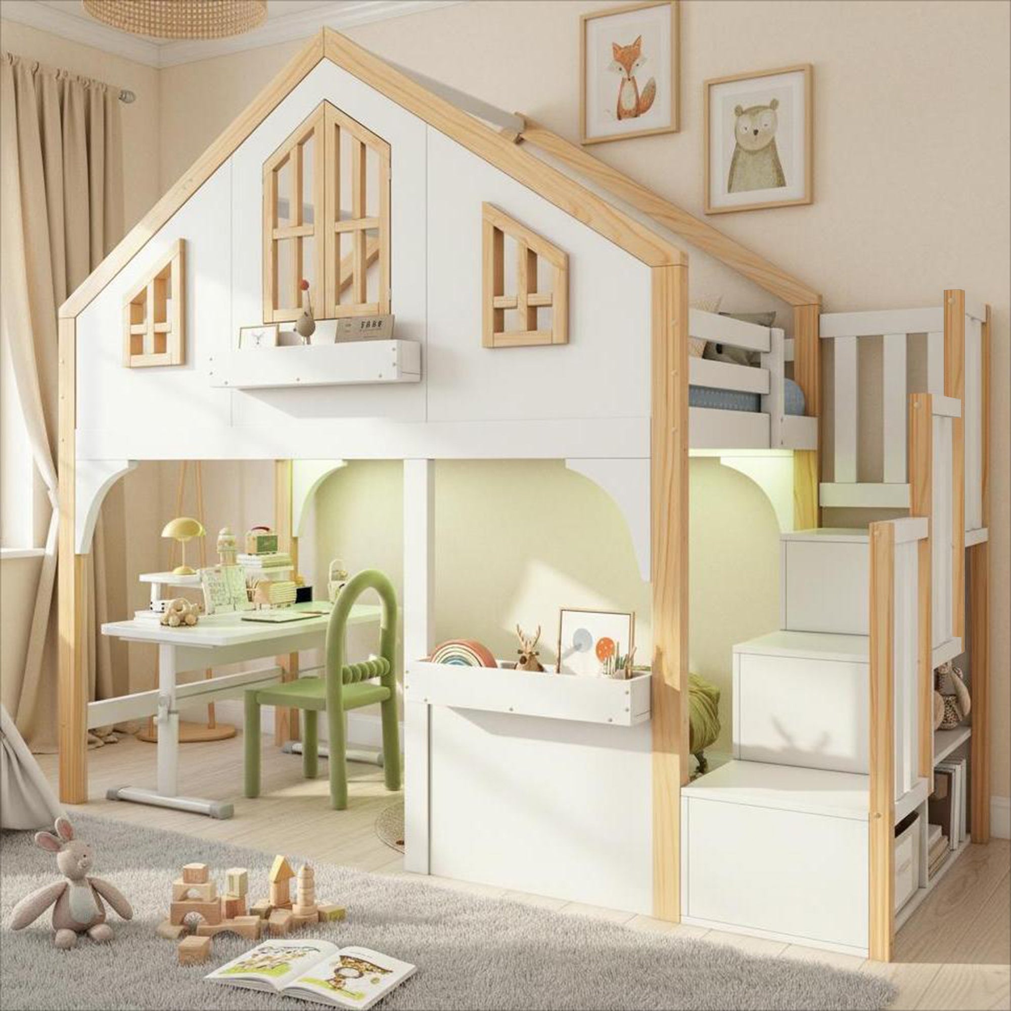 Bunk Bed House 90x200cm Wooden with LED Storage Stairs White + Natural