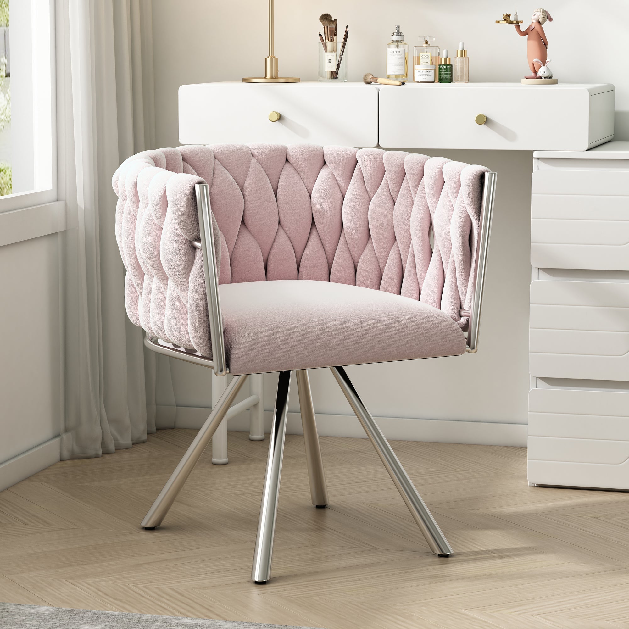Velvet Vanity Chair Luxury Swivel Metal Legs - Pink