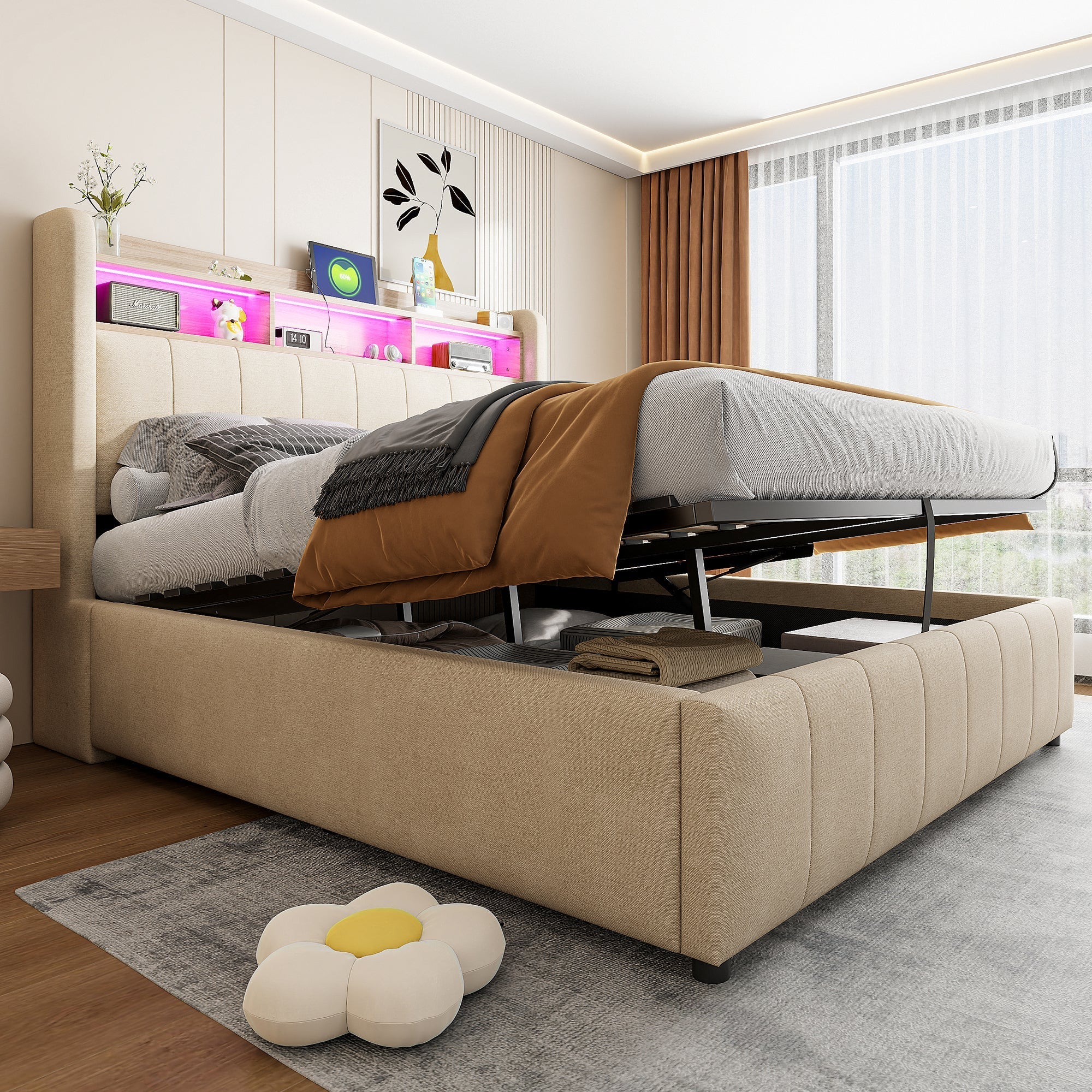 Upholstered Bed 140*200cm, LED Lighting, USB Socket, Headboard with Shelves, Hydraulic Storage, Double Bed, Beige Linen Fabric
