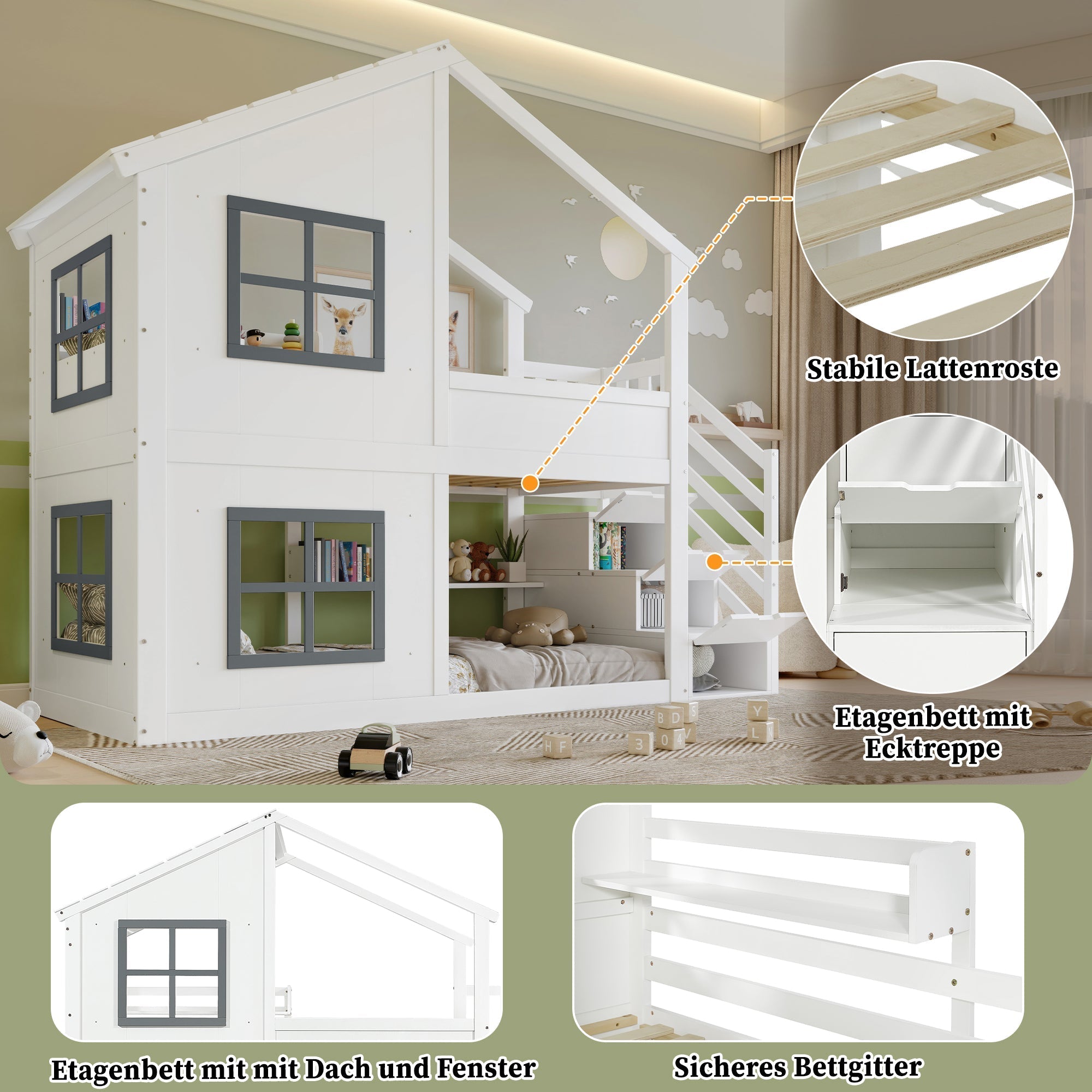 Children's Bunk Bed with Windows, Roof and Storage Cabinet, White and Grey