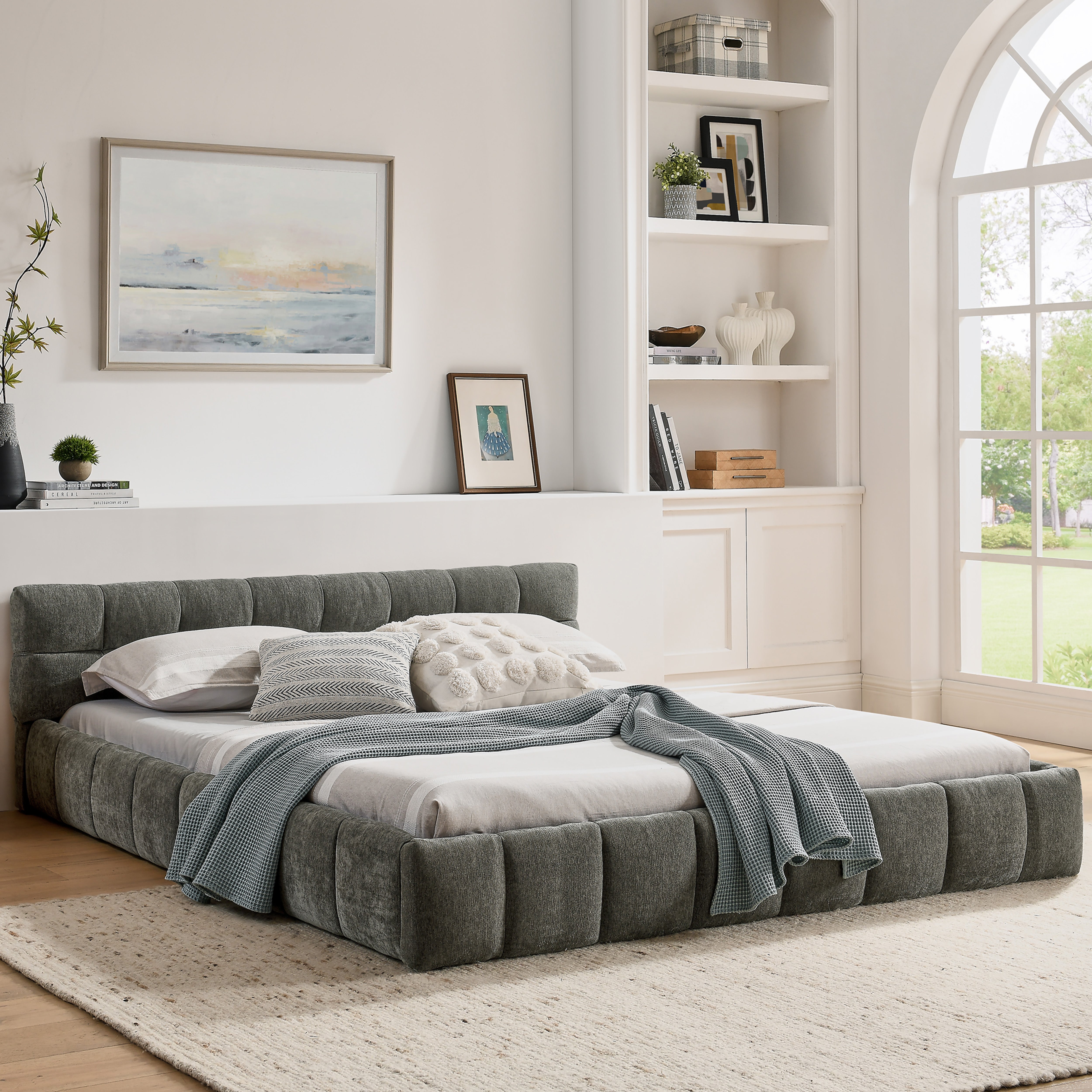 Double Bed 160x200cm Chenille Quilted Eucalyptus Wood Frame, Dark Grey