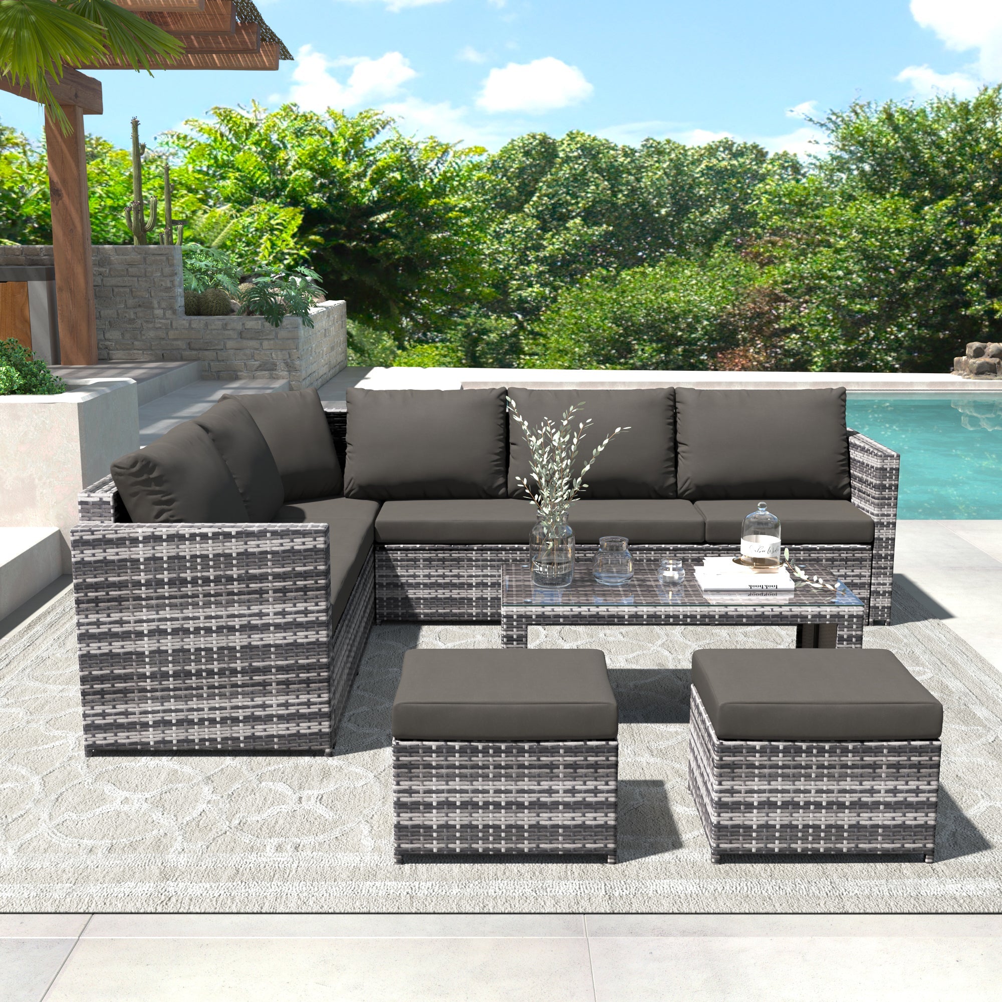 Garden Corner Sofa Set Outdoor Rattan with Coffee Table and 2 Stools