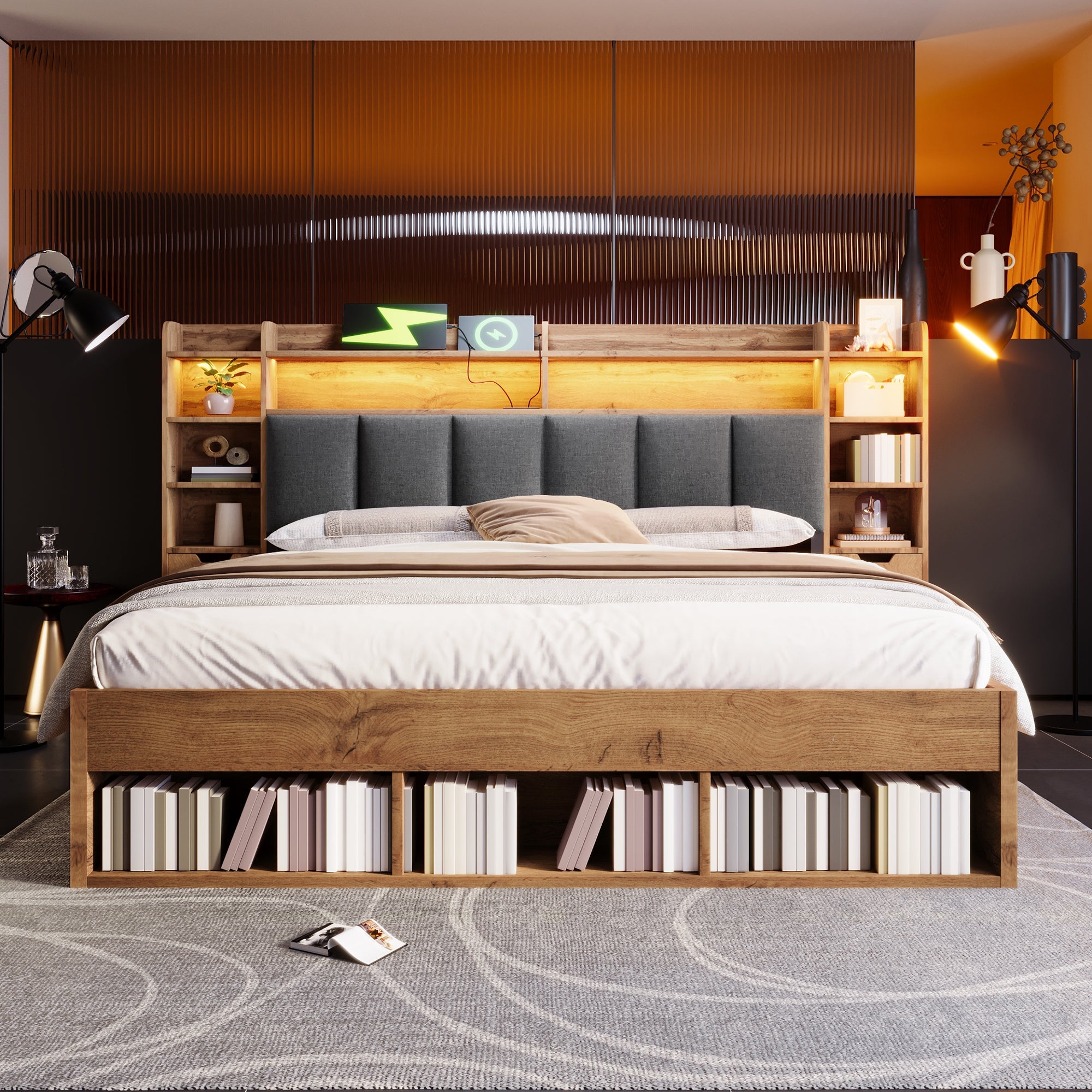 Double Bed System Bed with LED Headboard, Bedside Tables, USB Ports and Storage, 180x200cm, Oak Finish