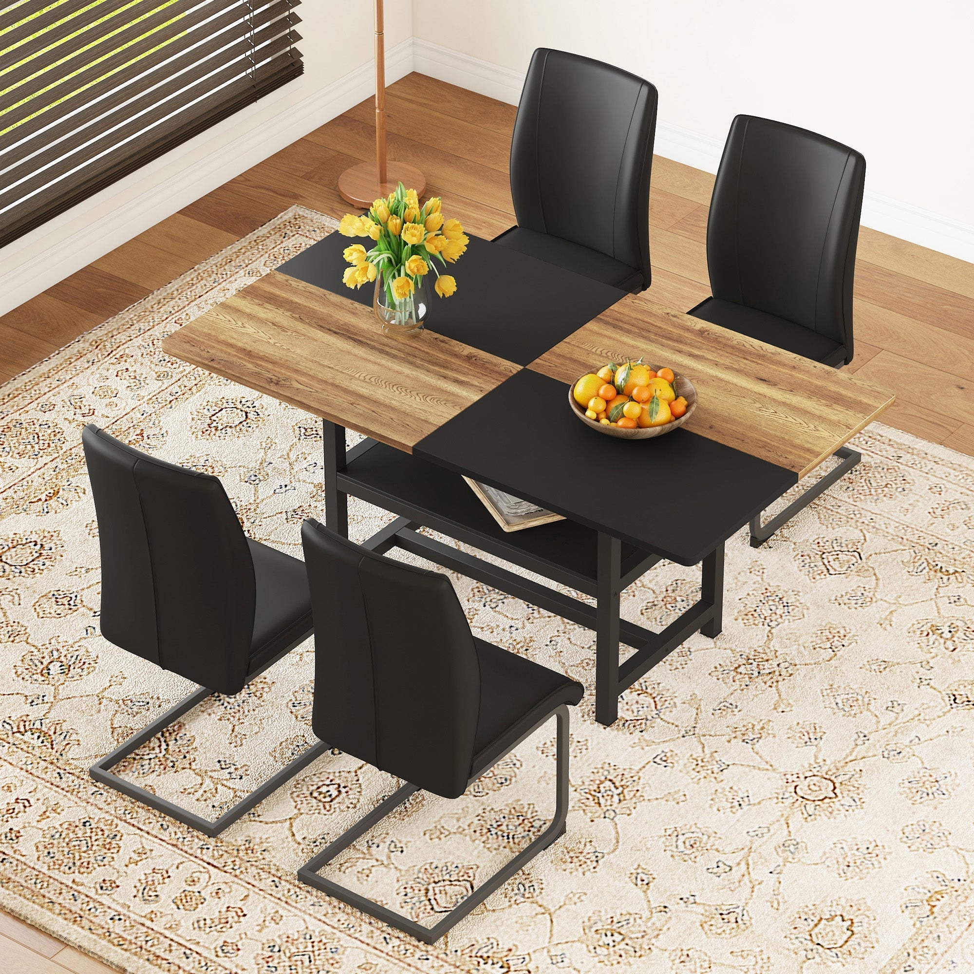 Table Set Rectangular 160x90cm Storage Shelf 4 Armchairs - Black Faux Leather