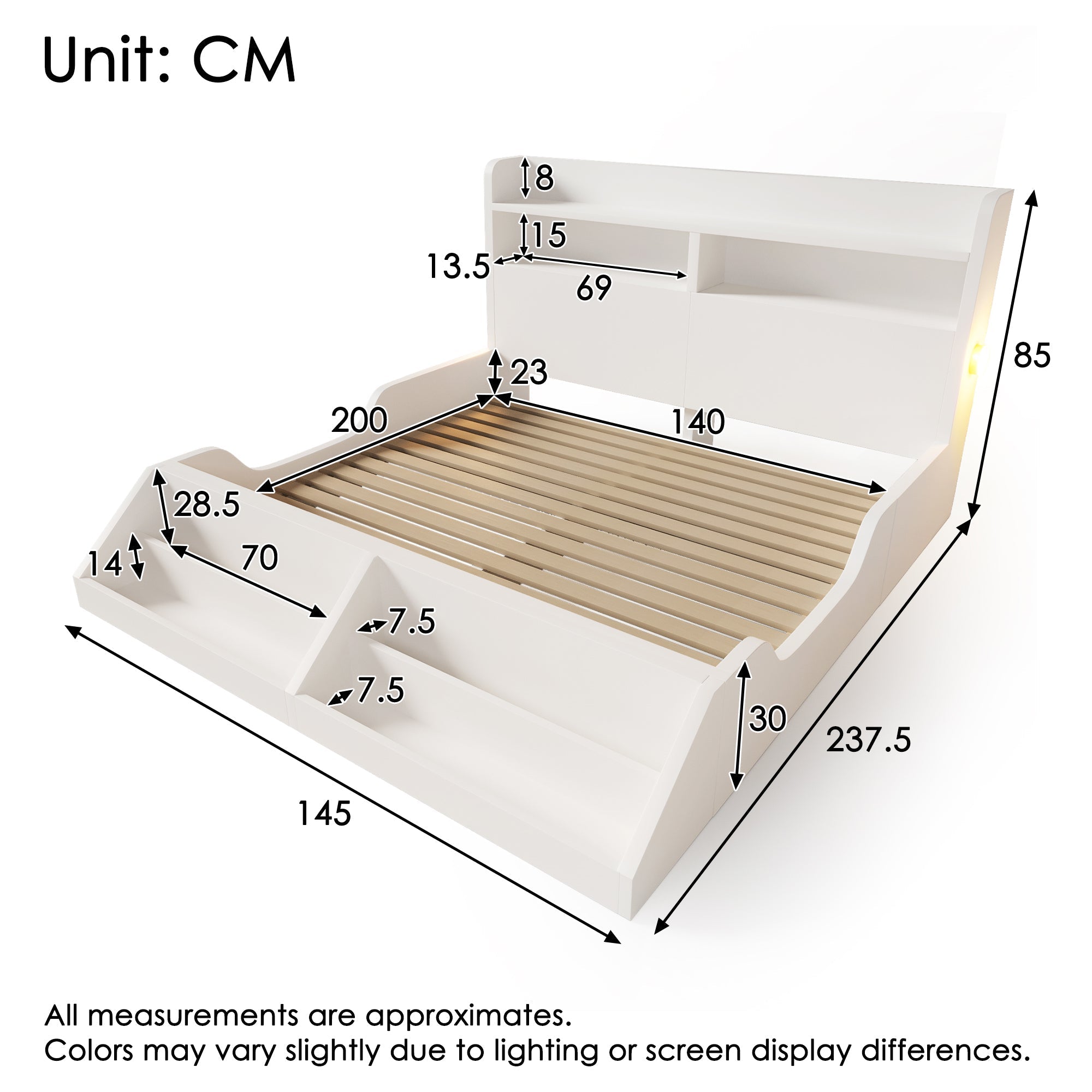 Wooden Double Bed 140x200cm Youth Bed with Shelves Nightlights Bookshelf Pure White