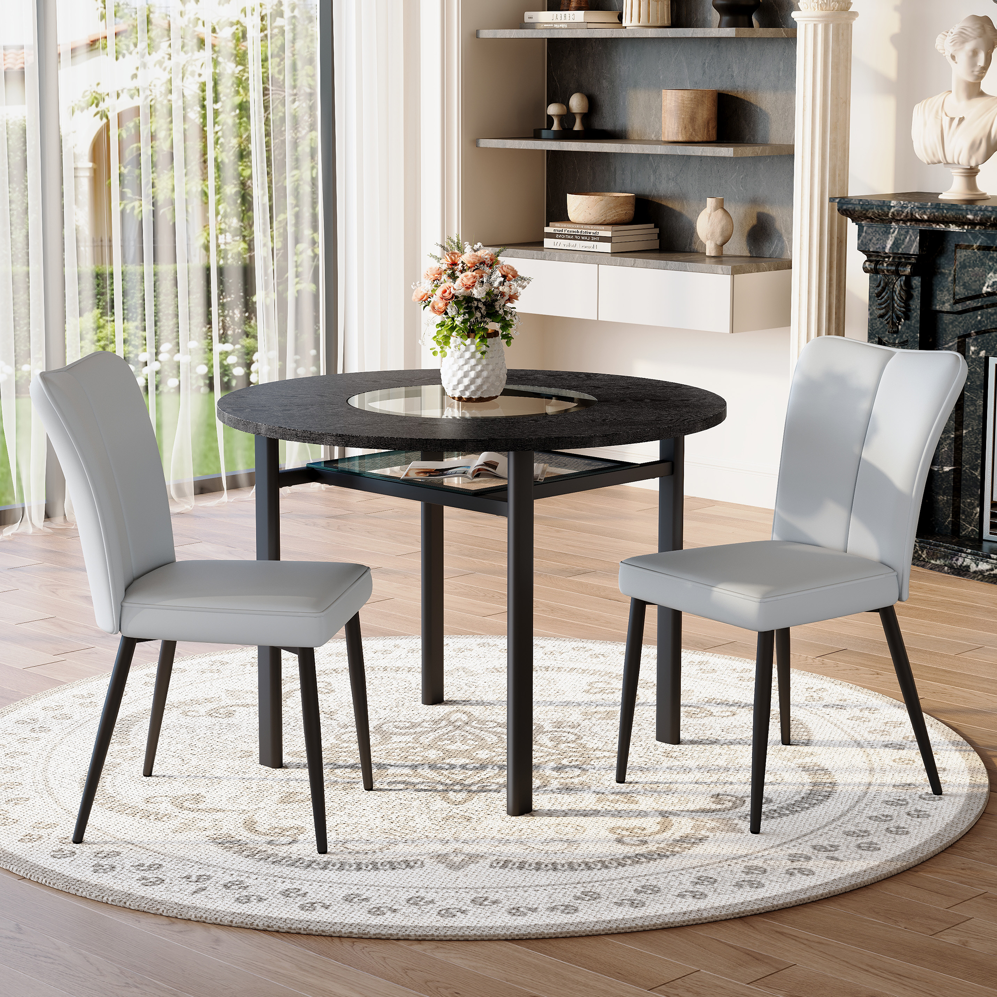 Round Table Set 100cm Modern Minimalist 2 PU Armchairs - Black/Light Grey