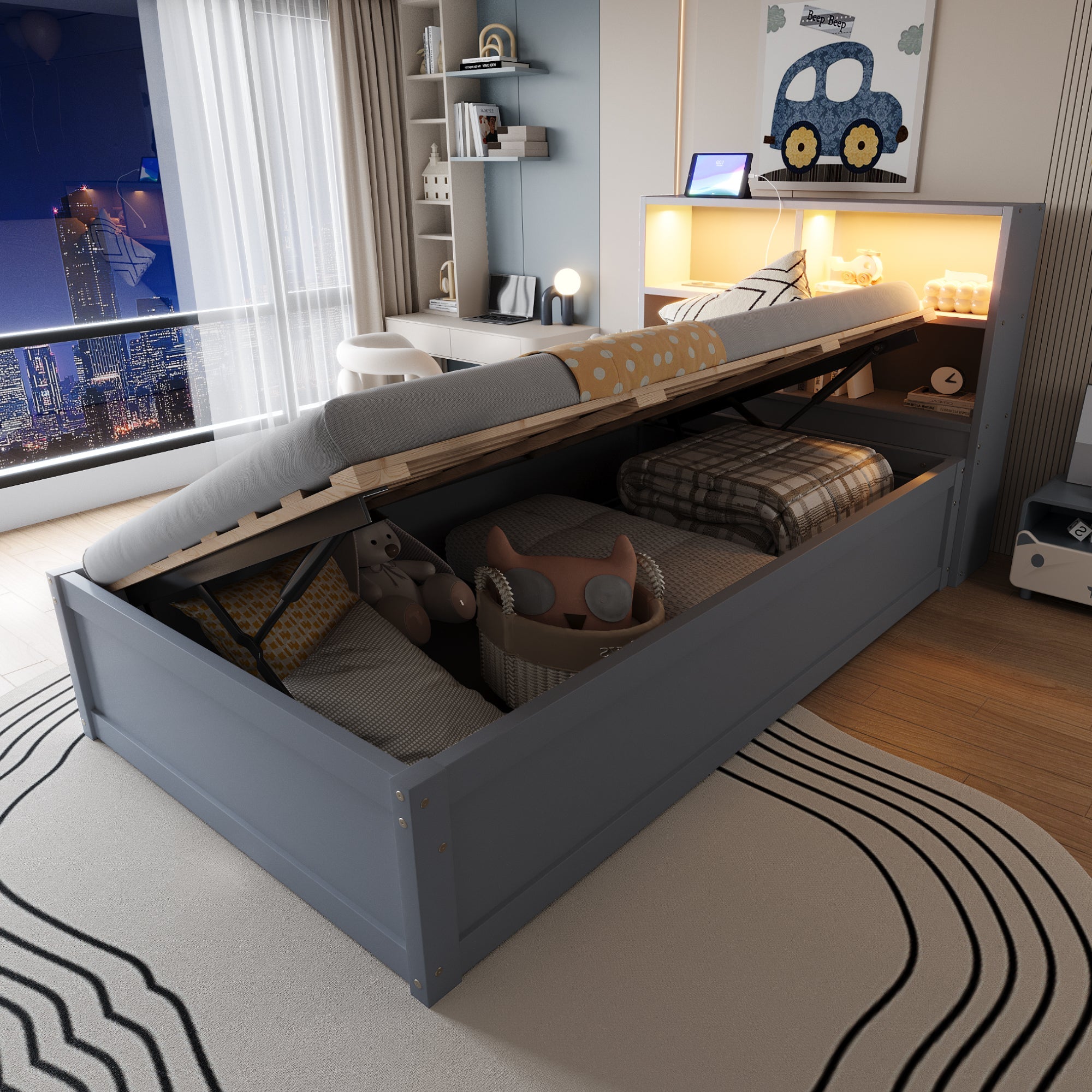 Sofa Bed 90*200, Hydraulic with Storage & Light Bar, Solid Wood, Gray