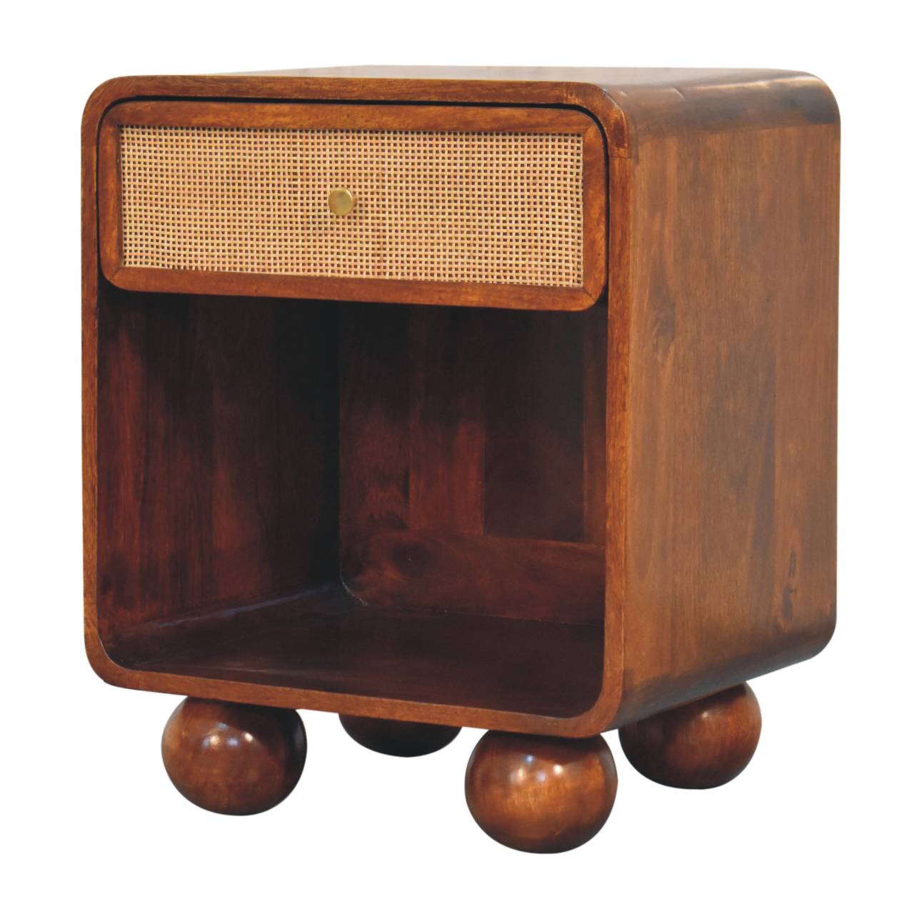 Solid Wood Bedside, Open Woven 1 Drawer, Dark Brown Chestnut