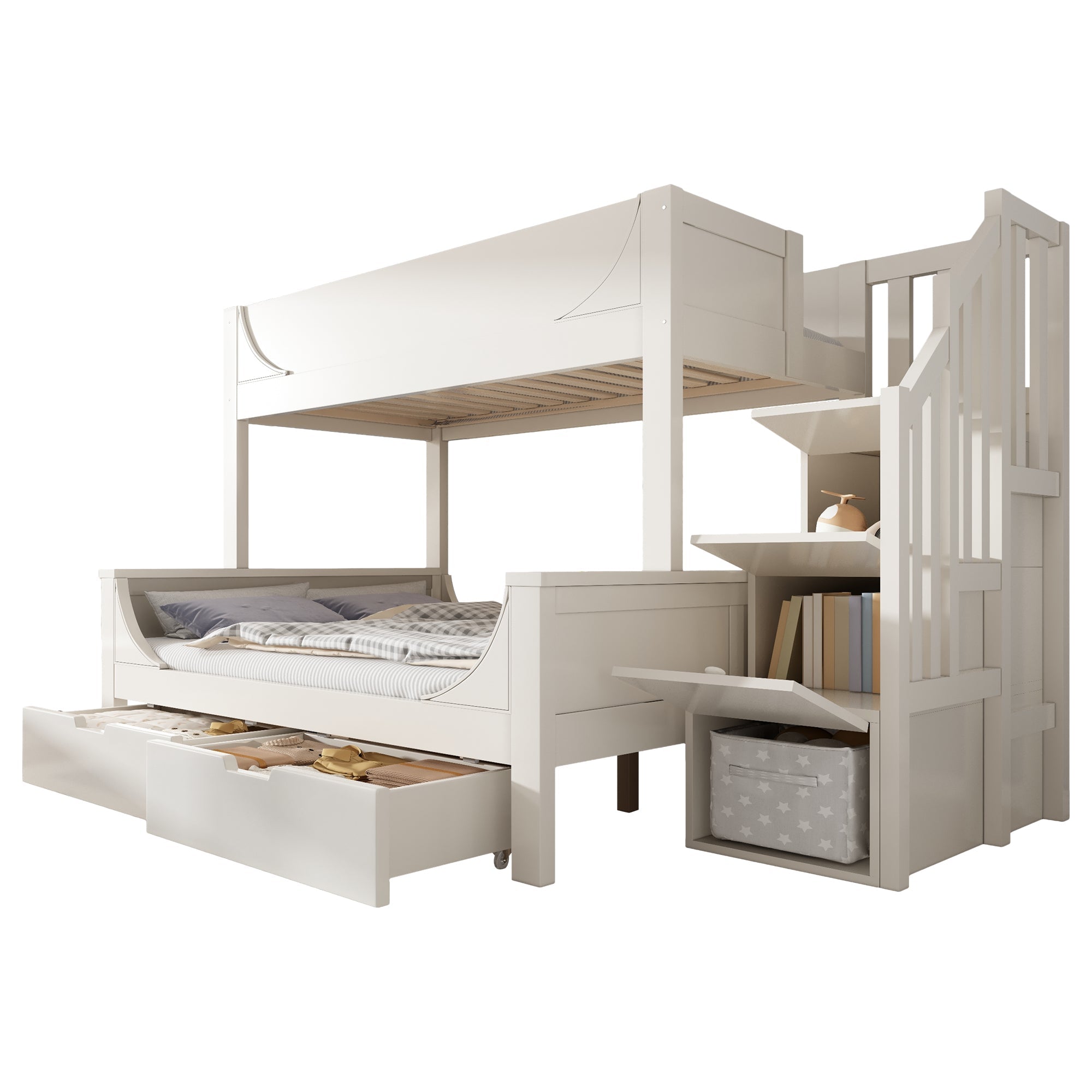 Bunk Bed with Ladder, Wardrobe, & Drawers, Sleigh Design 90/140x200cm Wooden White