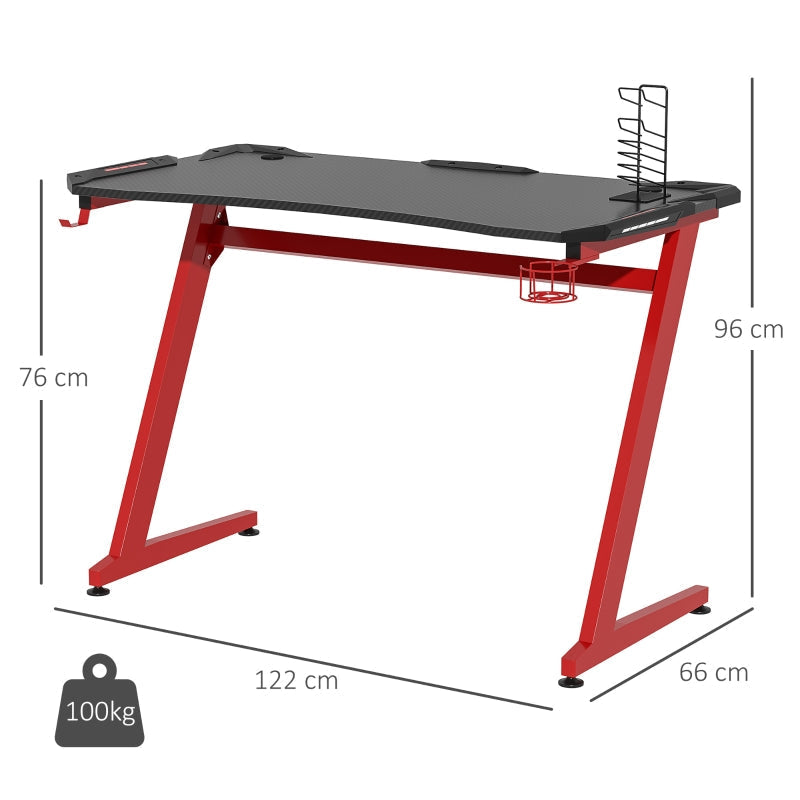 Gaming Desk with Headphone Hook, Cup Holder, Gamepad Rack, Carbon Fibre Black and Red