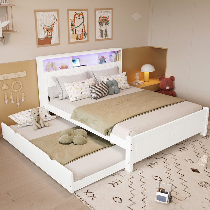 Double Bed with Pull-out LED/USB Storage, Pine+MDF White